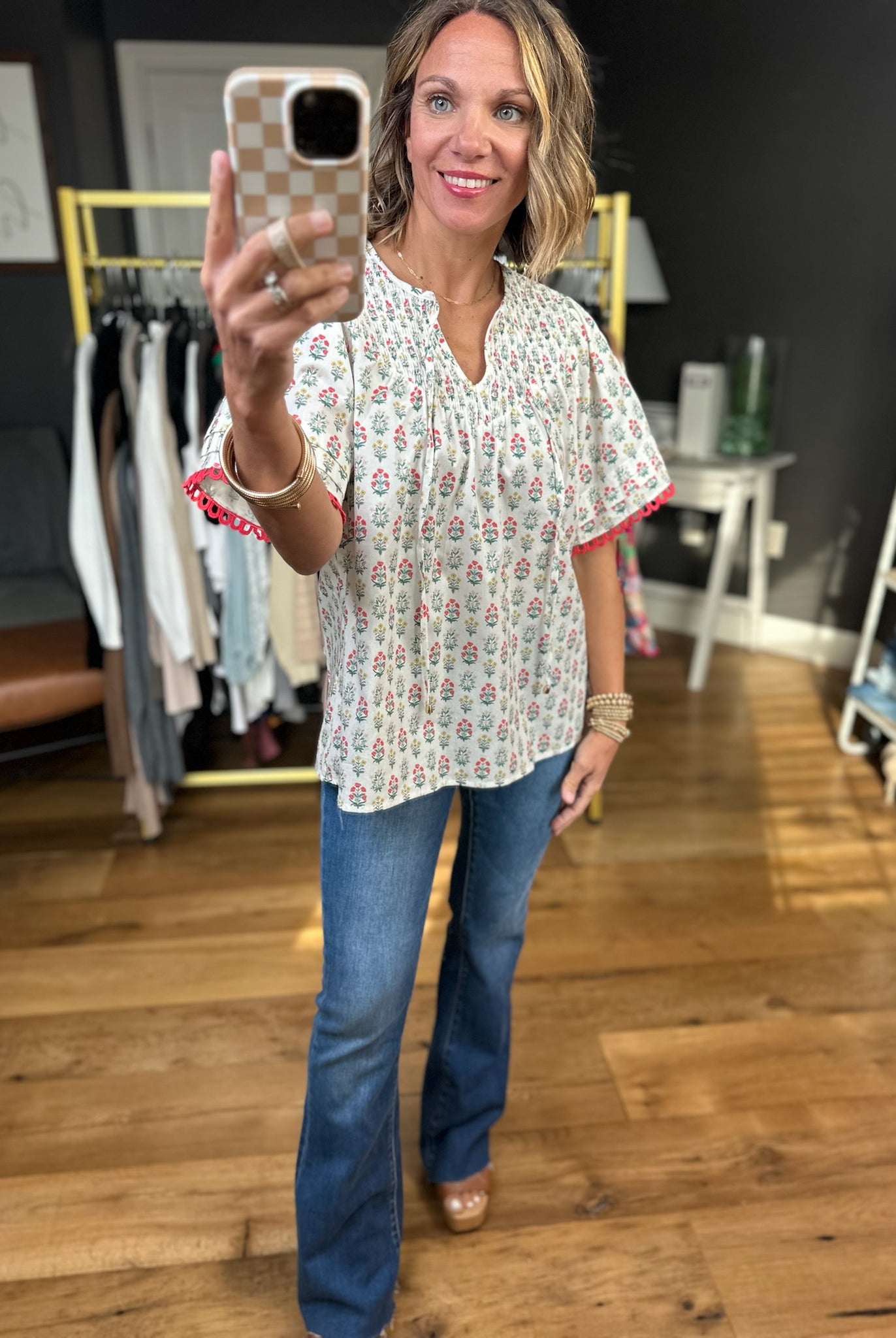 Moving Through Patterned Top - Coral-Entro-Anna Kaytes Boutique, Women's Fashion Boutique in Grinnell, Iowa