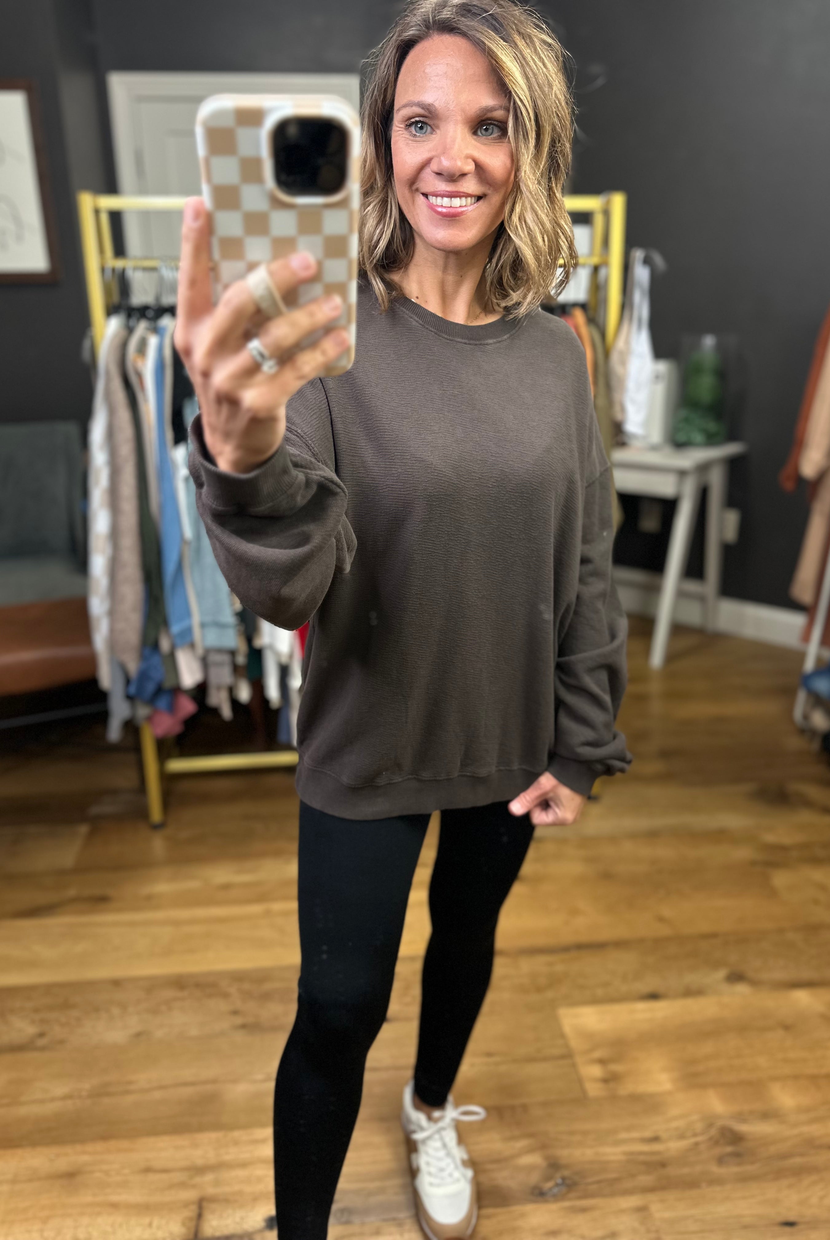 Cassidy Textured Crewneck in Chocolate-Mono B-Anna Kaytes Boutique, Women's Fashion Boutique in Grinnell, Iowa