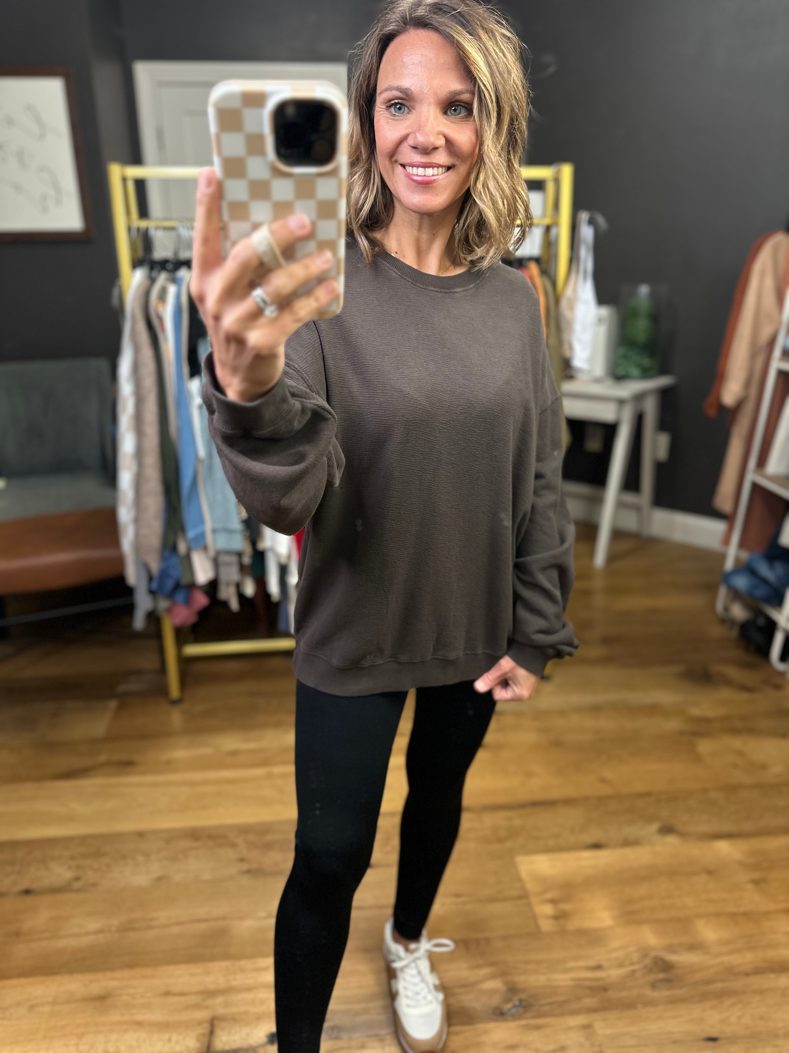 Cassidy Textured Crewneck in Chocolate-Mono B-Anna Kaytes Boutique, Women's Fashion Boutique in Grinnell, Iowa