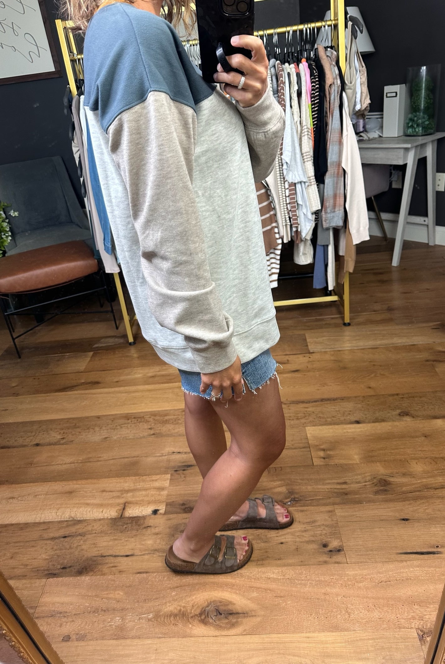 The Way It Works Colorblock Crew - Slate Grey-Sweaters-Hem & Thread 35809-Anna Kaytes Boutique, Women's Fashion Boutique in Grinnell, Iowa