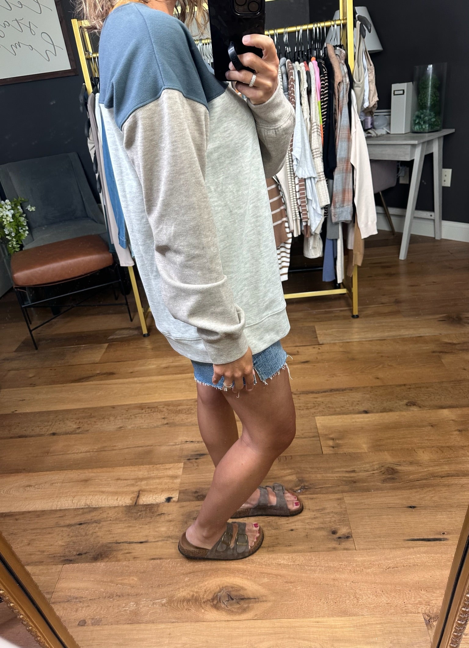 The Way It Works Colorblock Crew - Slate Grey-Sweaters-Hem & Thread 35809-Anna Kaytes Boutique, Women's Fashion Boutique in Grinnell, Iowa