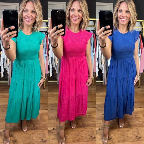 Spin Around Tiered Midi Dress With Smocked Detail - Multiple Options-Blu Pepper CR2029-Anna Kaytes Boutique, Women's Fashion Boutique in Grinnell, Iowa