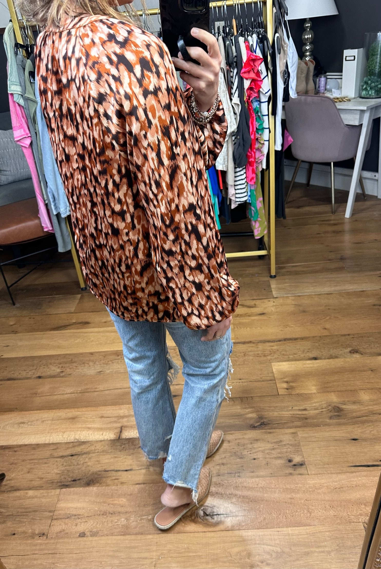 Clock Is Ticking Patterned Balloon Sleeve Top - Brown Multi-Long Sleeves-Skies Are Blue 43636-Anna Kaytes Boutique, Women's Fashion Boutique in Grinnell, Iowa