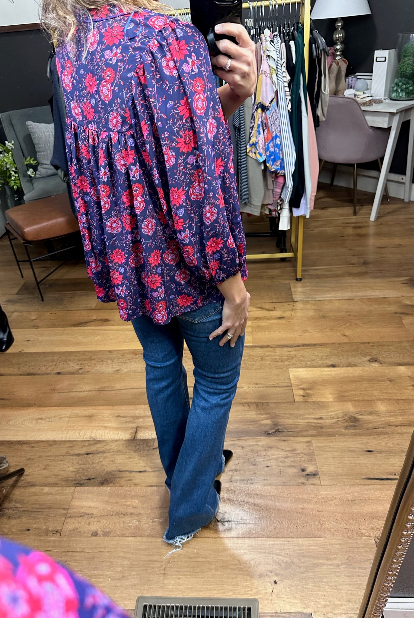 Spring Awaits Flowy Floral Top With Pleat Detail - Grape/Red-Long Sleeves-Skies Are blue 45521-Anna Kaytes Boutique, Women's Fashion Boutique in Grinnell, Iowa