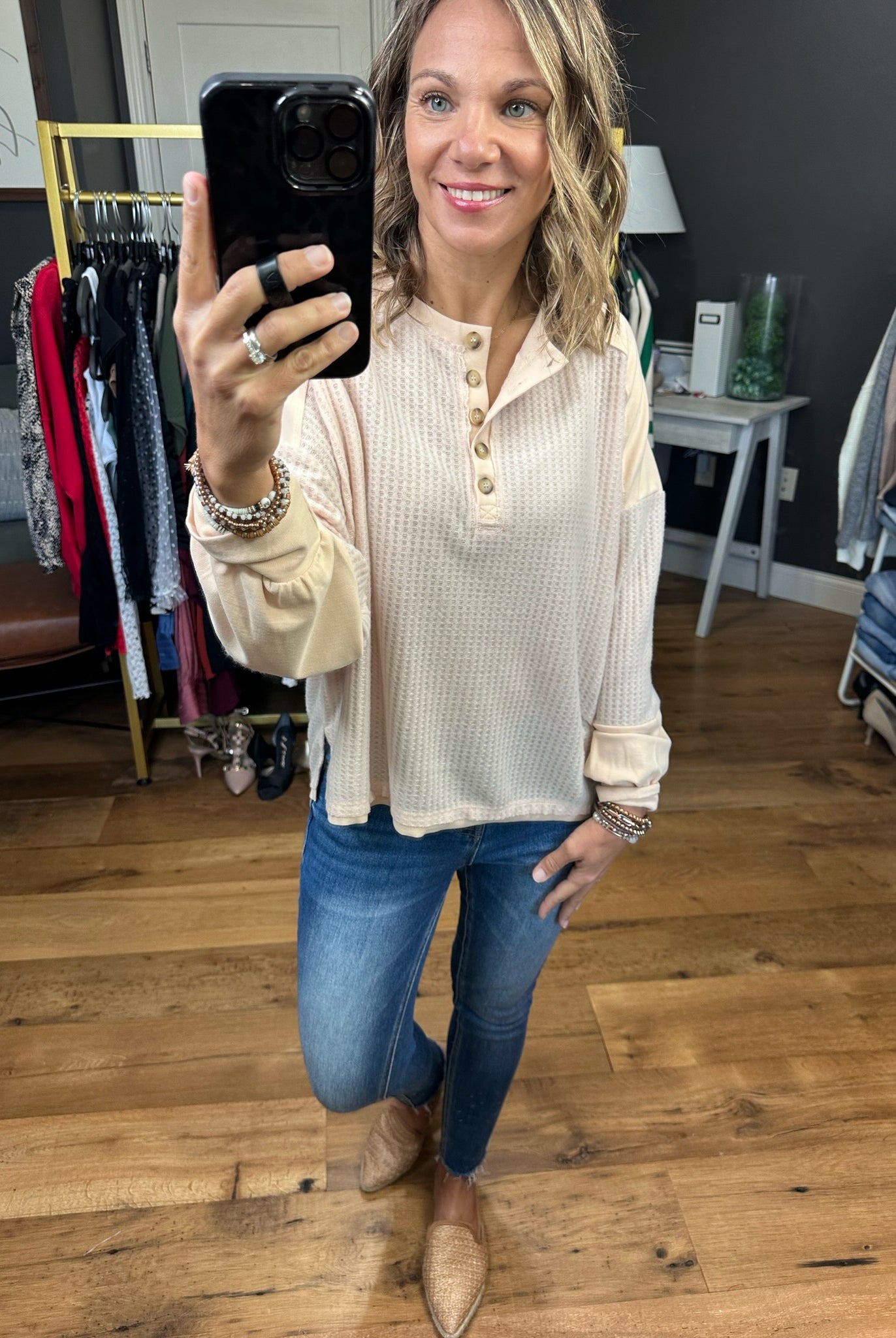 Major Feeling Henley Longsleeve Waffle Top - Oatmilk-Long Sleeves-Wishlist WL23-7680-Anna Kaytes Boutique, Women's Fashion Boutique in Grinnell, Iowa