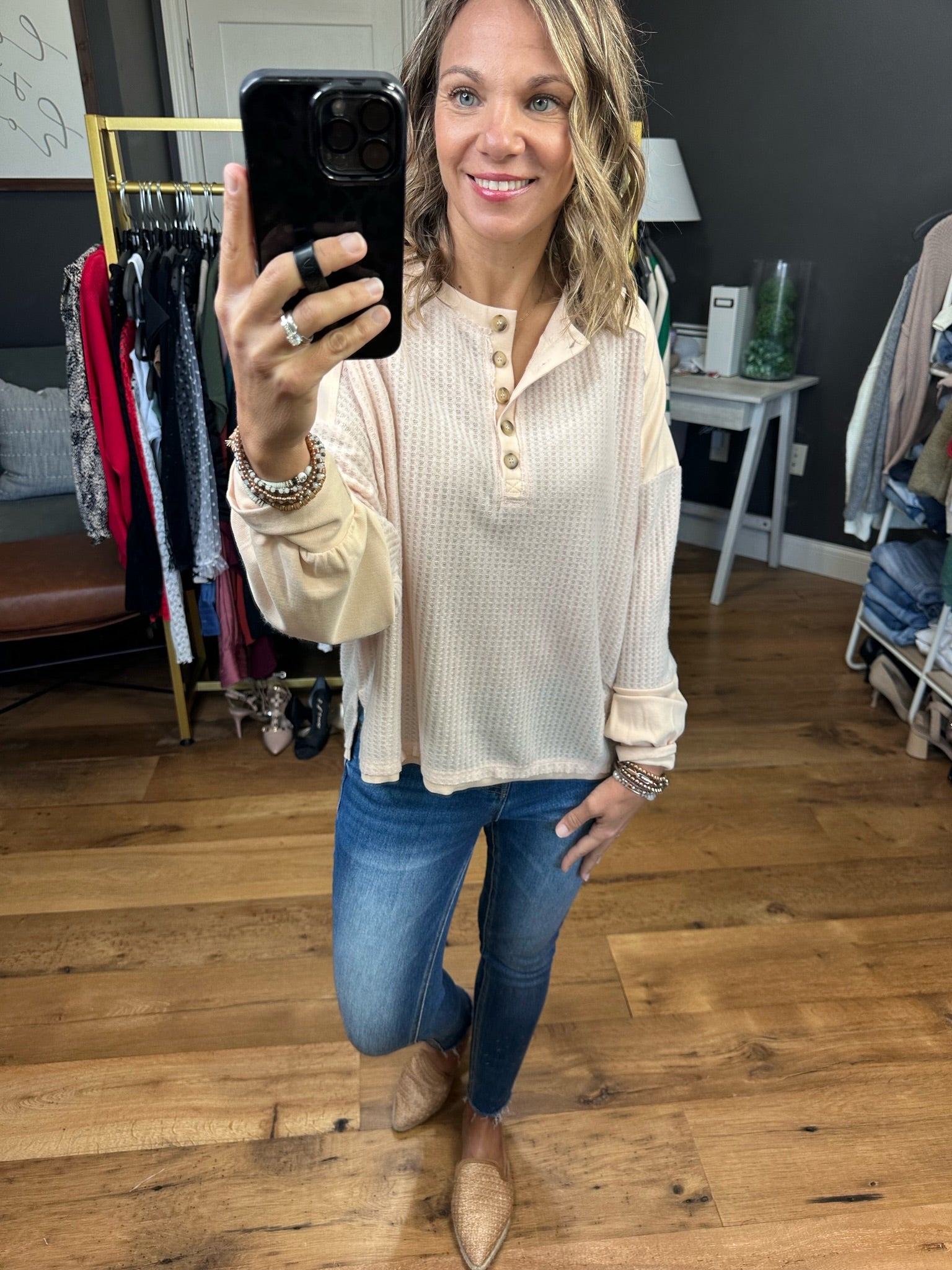 Major Feeling Henley Longsleeve Waffle Top - Oatmilk-Long Sleeves-Wishlist WL23-7680-Anna Kaytes Boutique, Women's Fashion Boutique in Grinnell, Iowa