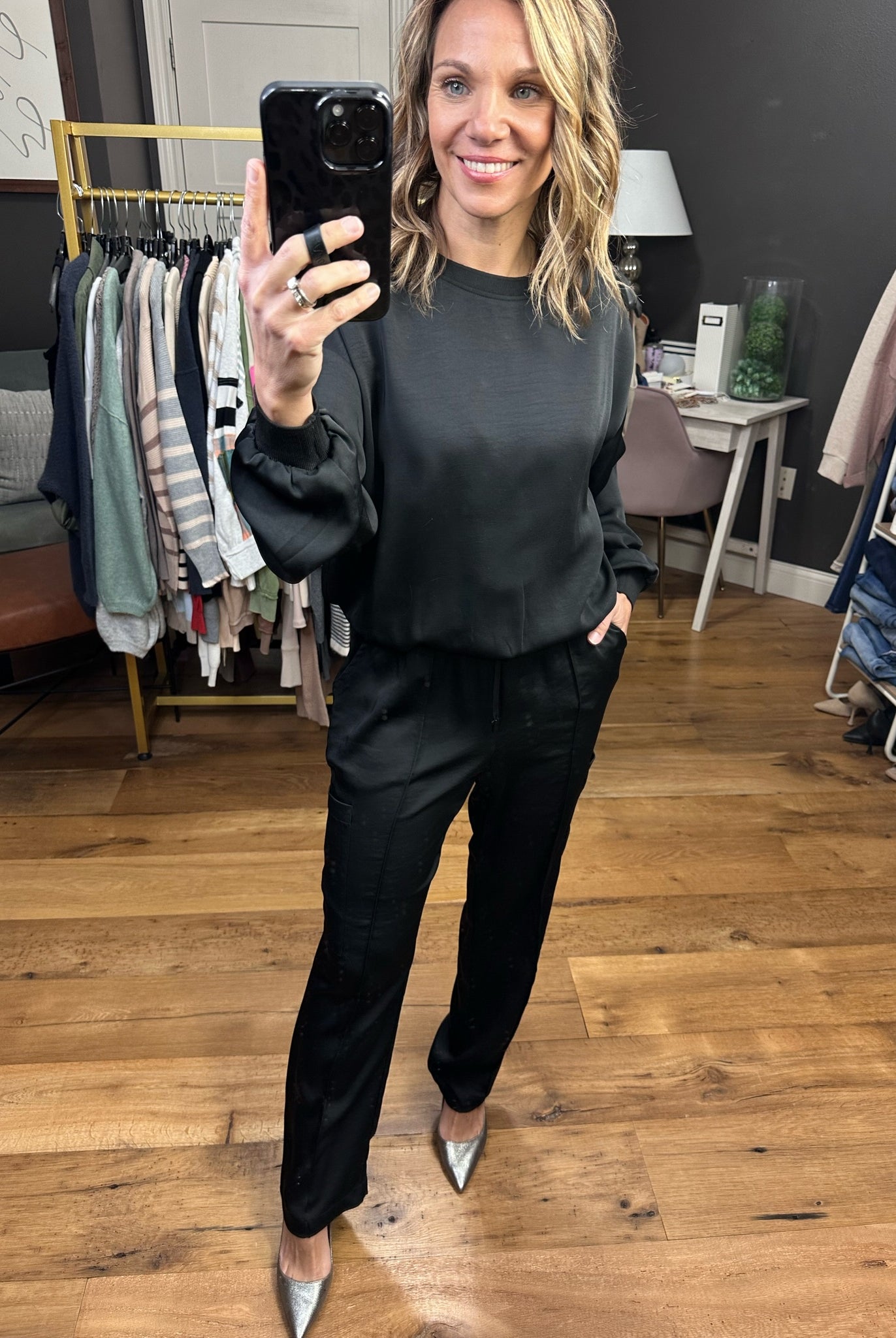 Go My Way Satin High-Waisted Pant - Black-Pants-Skies Are Blue 74145-Anna Kaytes Boutique, Women's Fashion Boutique in Grinnell, Iowa