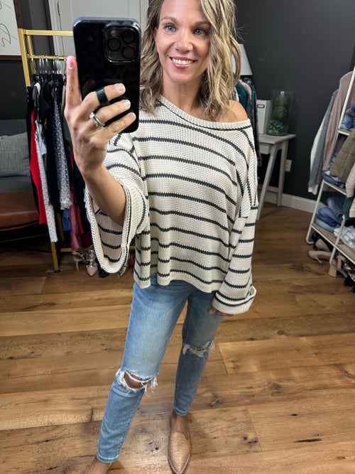 Now That We Don't Talk Striped Wide-Sleeve Knit - Taupe/Charcoal-Easel ED22162-Anna Kaytes Boutique, Women's Fashion Boutique in Grinnell, Iowa