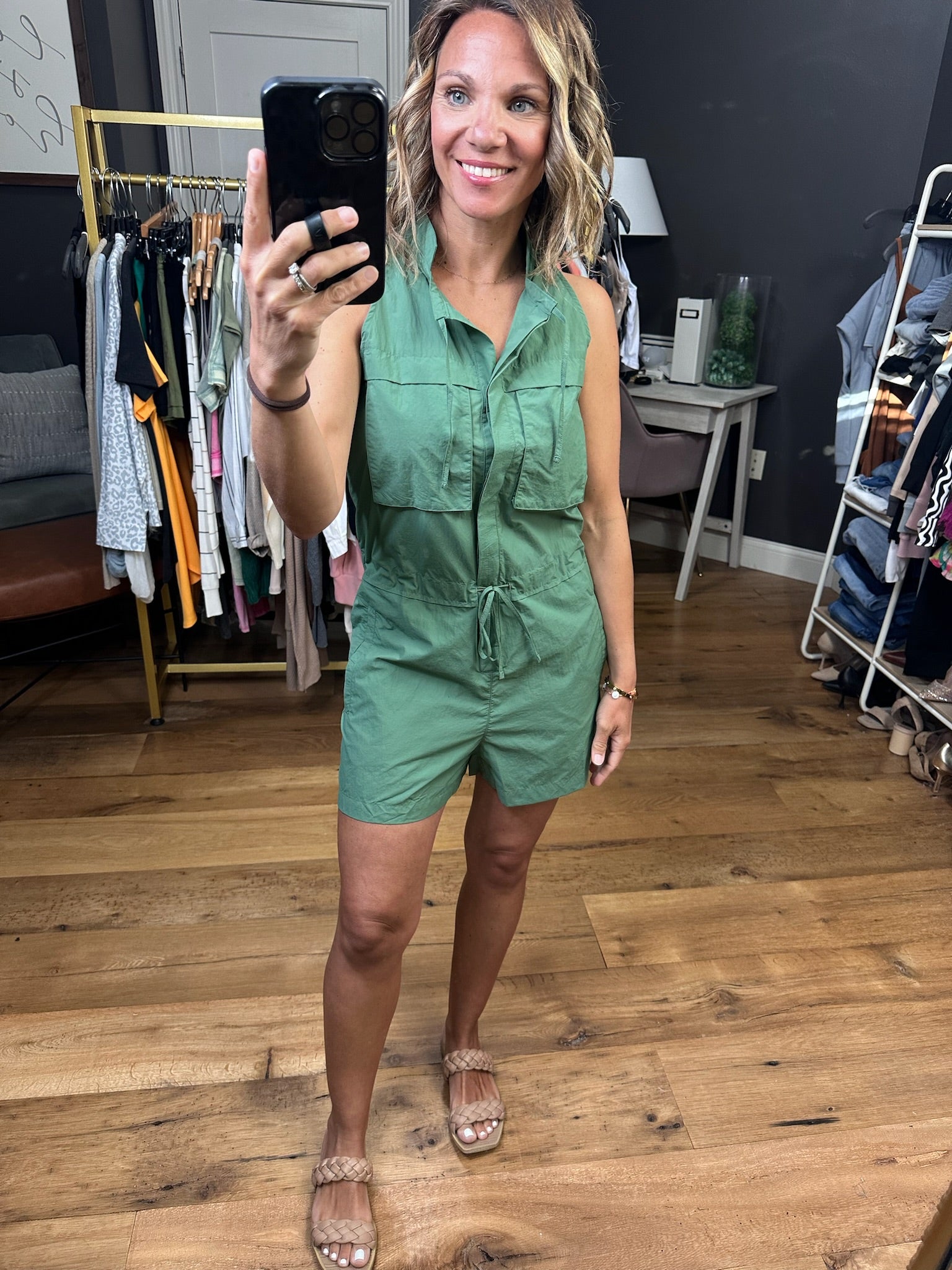 In My Power Sleeveless Utility Romper - Dark Basil-Rompers-Mono B-Anna Kaytes Boutique, Women's Fashion Boutique in Grinnell, Iowa