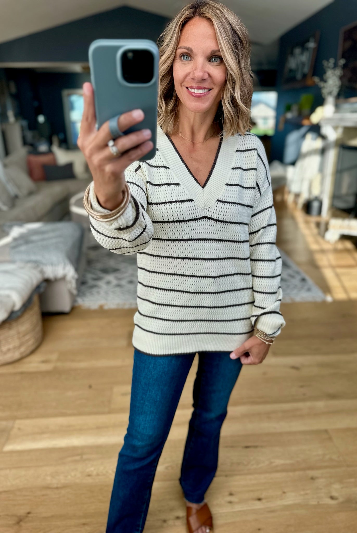 Newly Discovered Striped V-Neck Knit Sweater-Thread & Supply-Anna Kaytes Boutique, Women's Fashion Boutique in Grinnell, Iowa