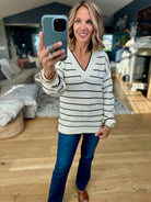 Newly Discovered Striped V-Neck Knit Sweater-Thread & Supply-Anna Kaytes Boutique, Women's Fashion Boutique in Grinnell, Iowa