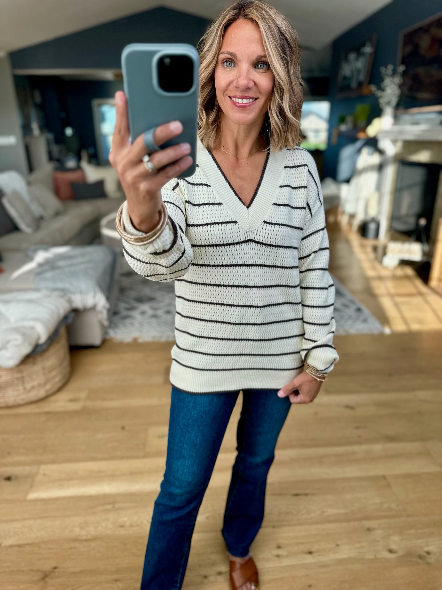 Newly Discovered Striped V-Neck Knit Sweater-Thread & Supply-Anna Kaytes Boutique, Women's Fashion Boutique in Grinnell, Iowa