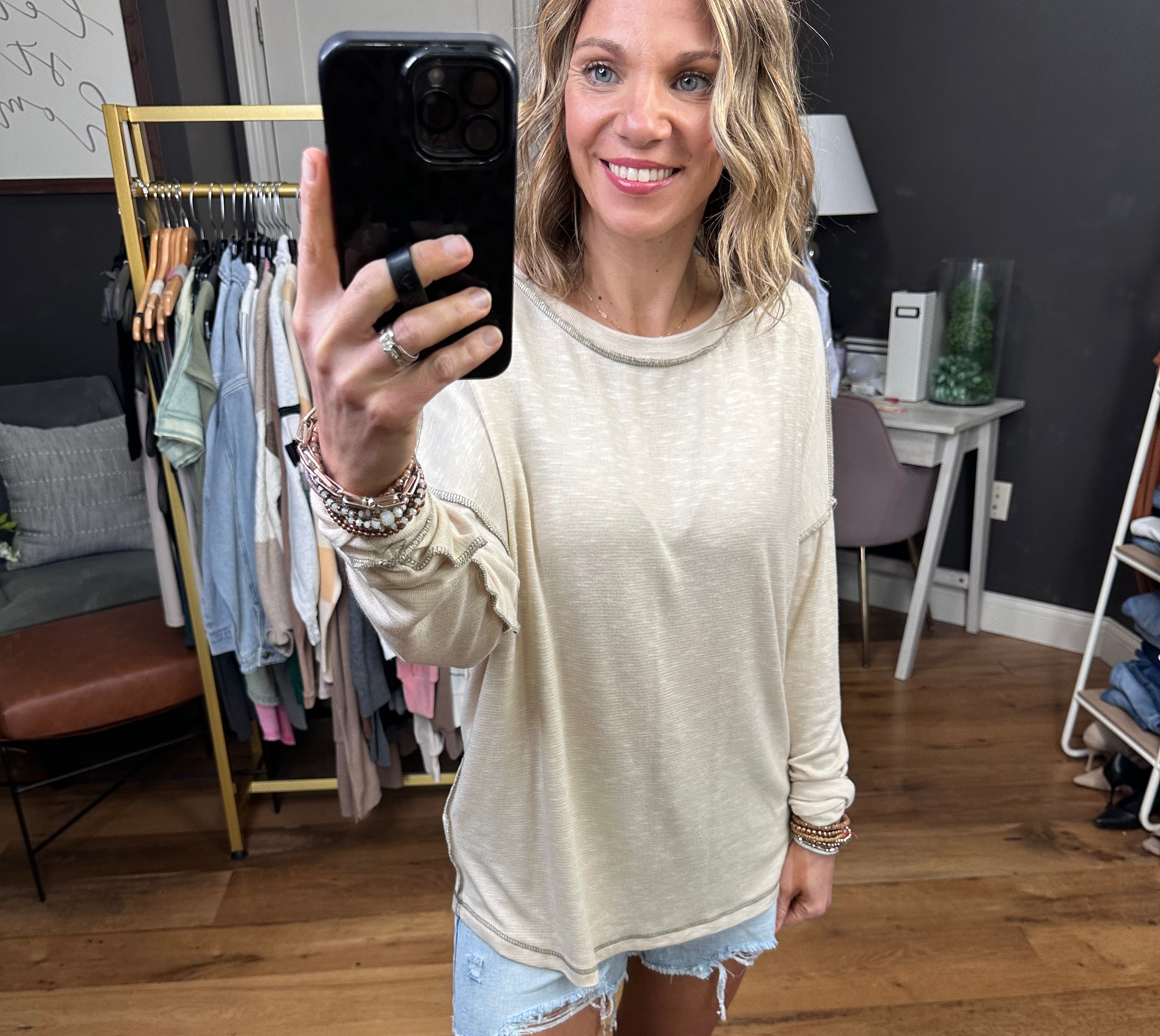 True Already Washed Raw Hem Long Sleeve Top - Oatmeal-Long Sleeves-Staccato 17125c-Anna Kaytes Boutique, Women's Fashion Boutique in Grinnell, Iowa