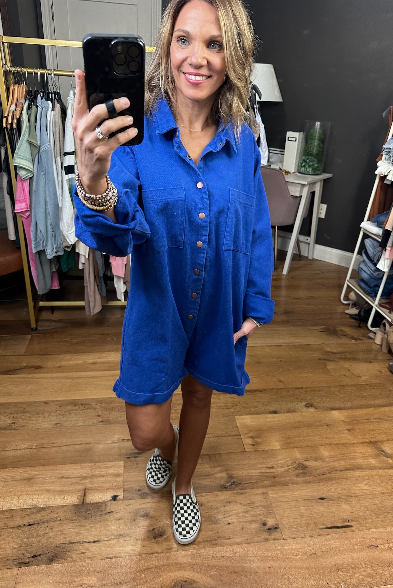 Broadway Babe Utility Button Romper - Blue-Rompers-Bucketlist IR5315-Anna Kaytes Boutique, Women's Fashion Boutique in Grinnell, Iowa