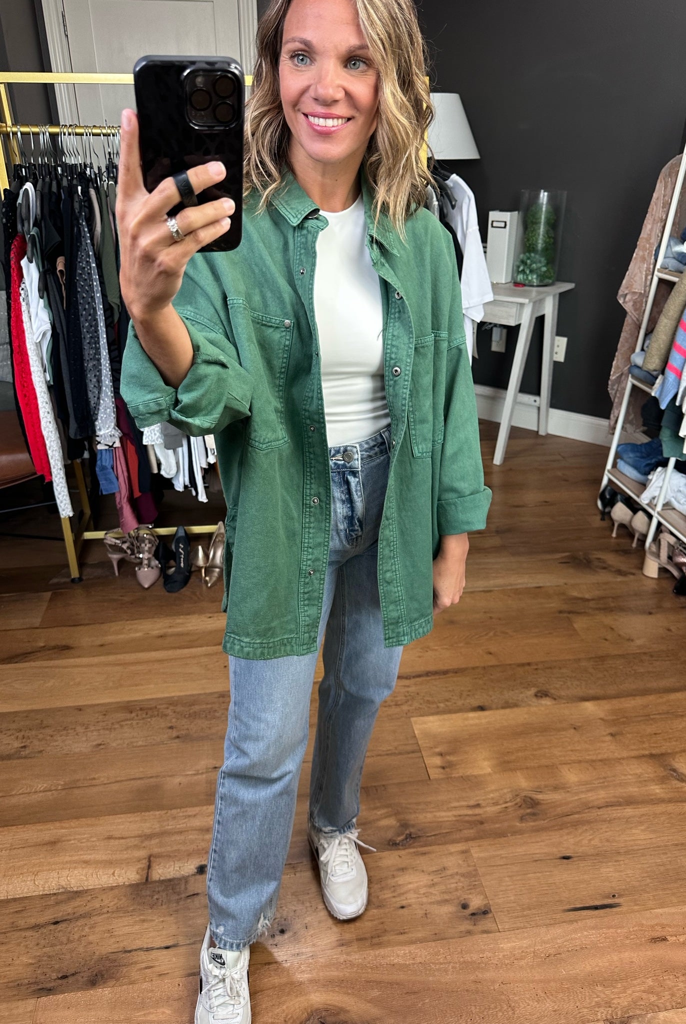 Need A Break Oversized Denim Shacket - Green-Jackets-Bucketlist IJ3010-Anna Kaytes Boutique, Women's Fashion Boutique in Grinnell, Iowa