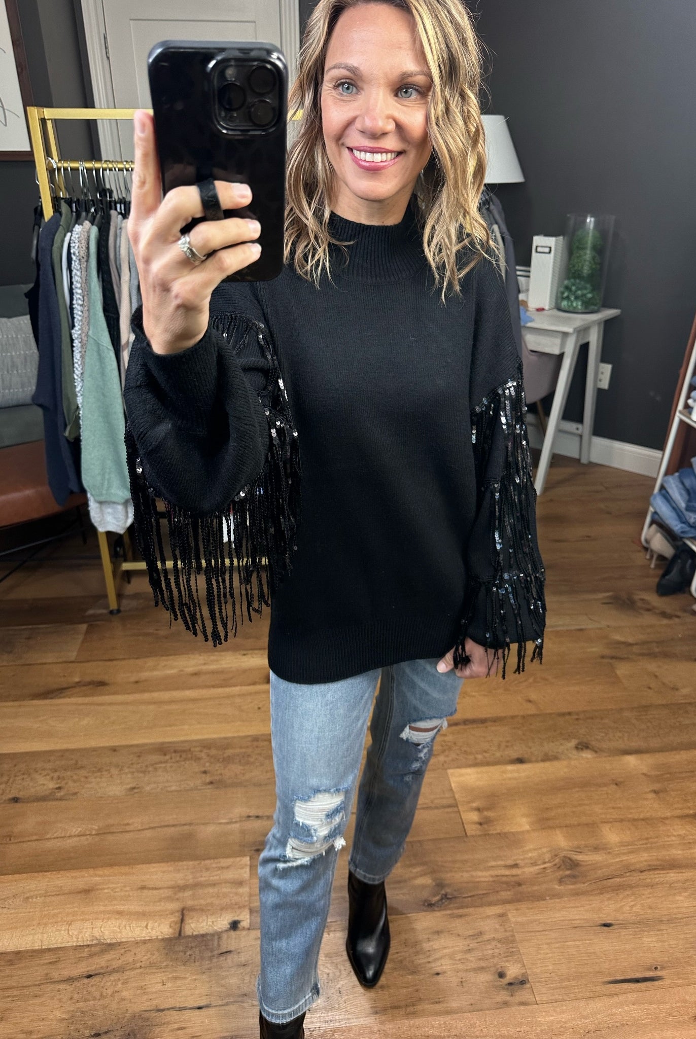 The Right Moves Fringe + Sequin Sleeve Sweater - Black-Sweaters-Listicle LSW0834-Anna Kaytes Boutique, Women's Fashion Boutique in Grinnell, Iowa