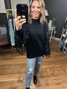 The Right Moves Fringe + Sequin Sleeve Sweater - Black-Sweaters-Listicle LSW0834-Anna Kaytes Boutique, Women's Fashion Boutique in Grinnell, Iowa