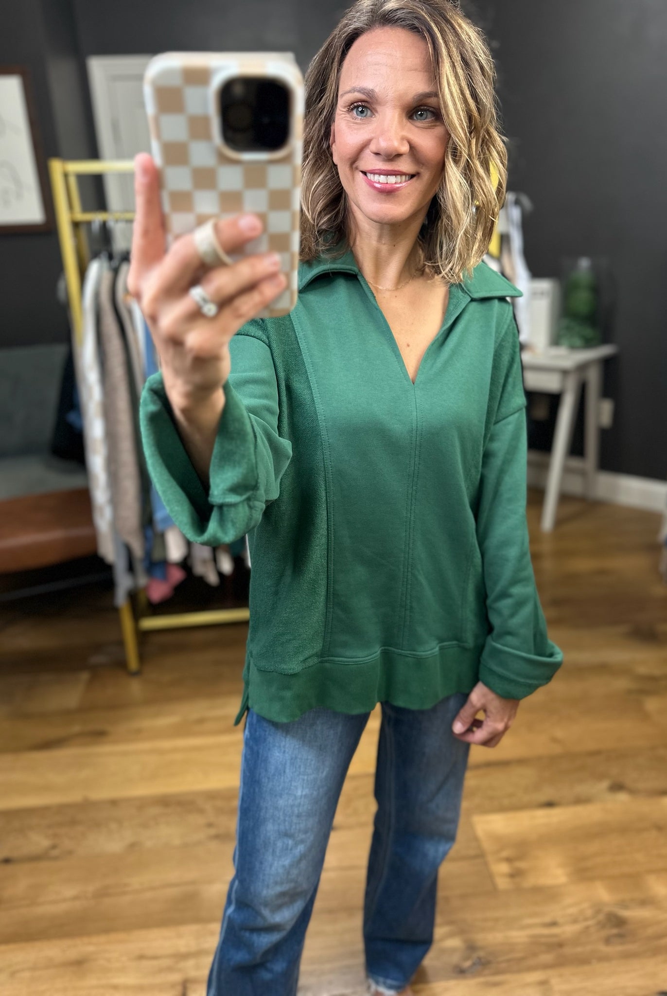 Going For It V-Neck Collared Pullover - Hunter Green-Entro-Anna Kaytes Boutique, Women's Fashion Boutique in Grinnell, Iowa