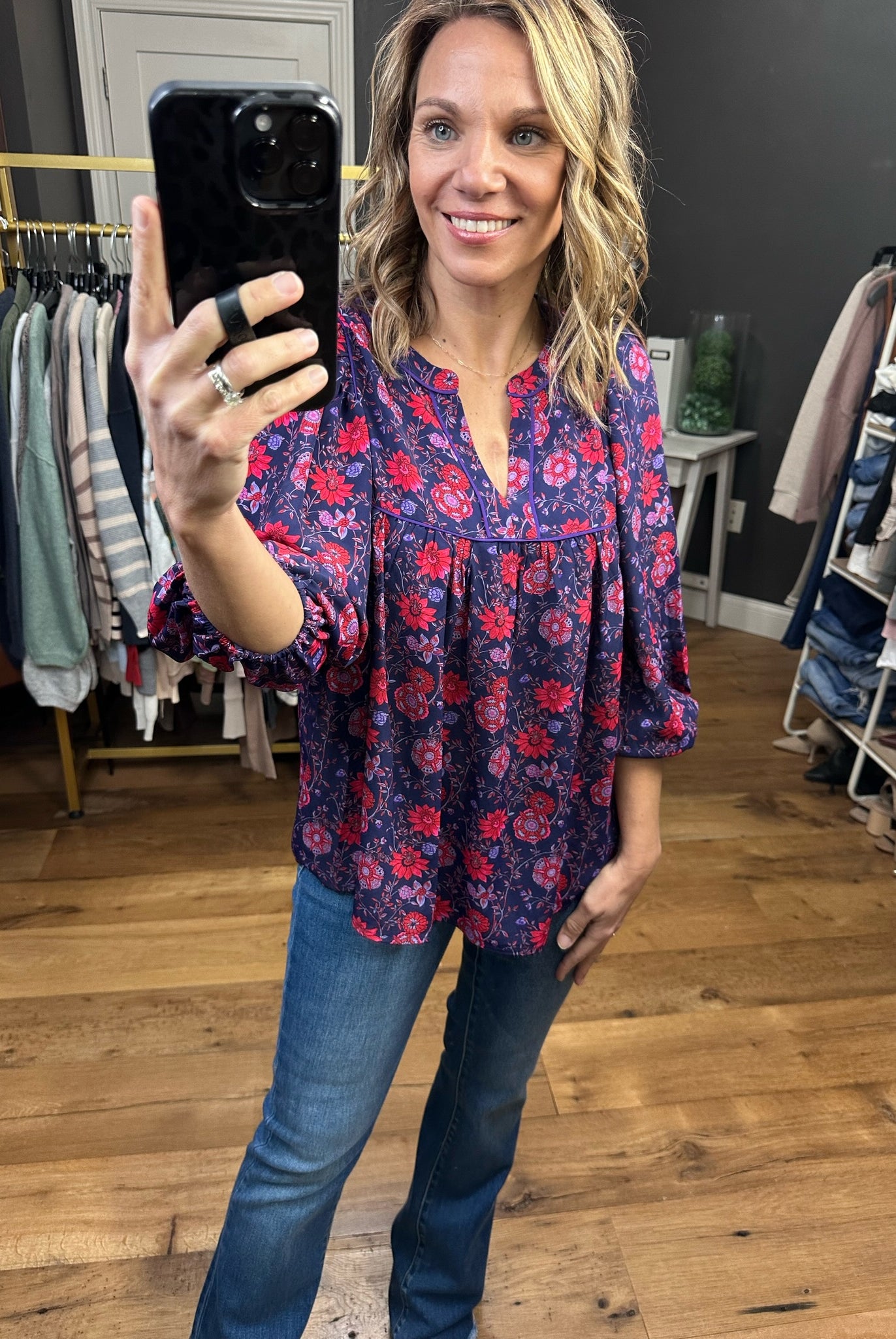 Spring Awaits Flowy Floral Top With Pleat Detail - Grape/Red-Long Sleeves-Skies Are blue 45521-Anna Kaytes Boutique, Women's Fashion Boutique in Grinnell, Iowa