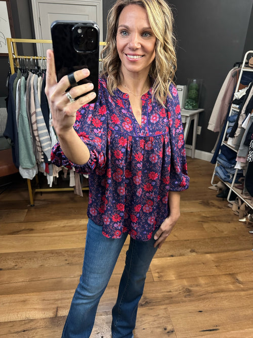 Spring Awaits Flowy Floral Top With Pleat Detail - Grape/Red-Skies Are blue 45521-Anna Kaytes Boutique, Women's Fashion Boutique in Grinnell, Iowa