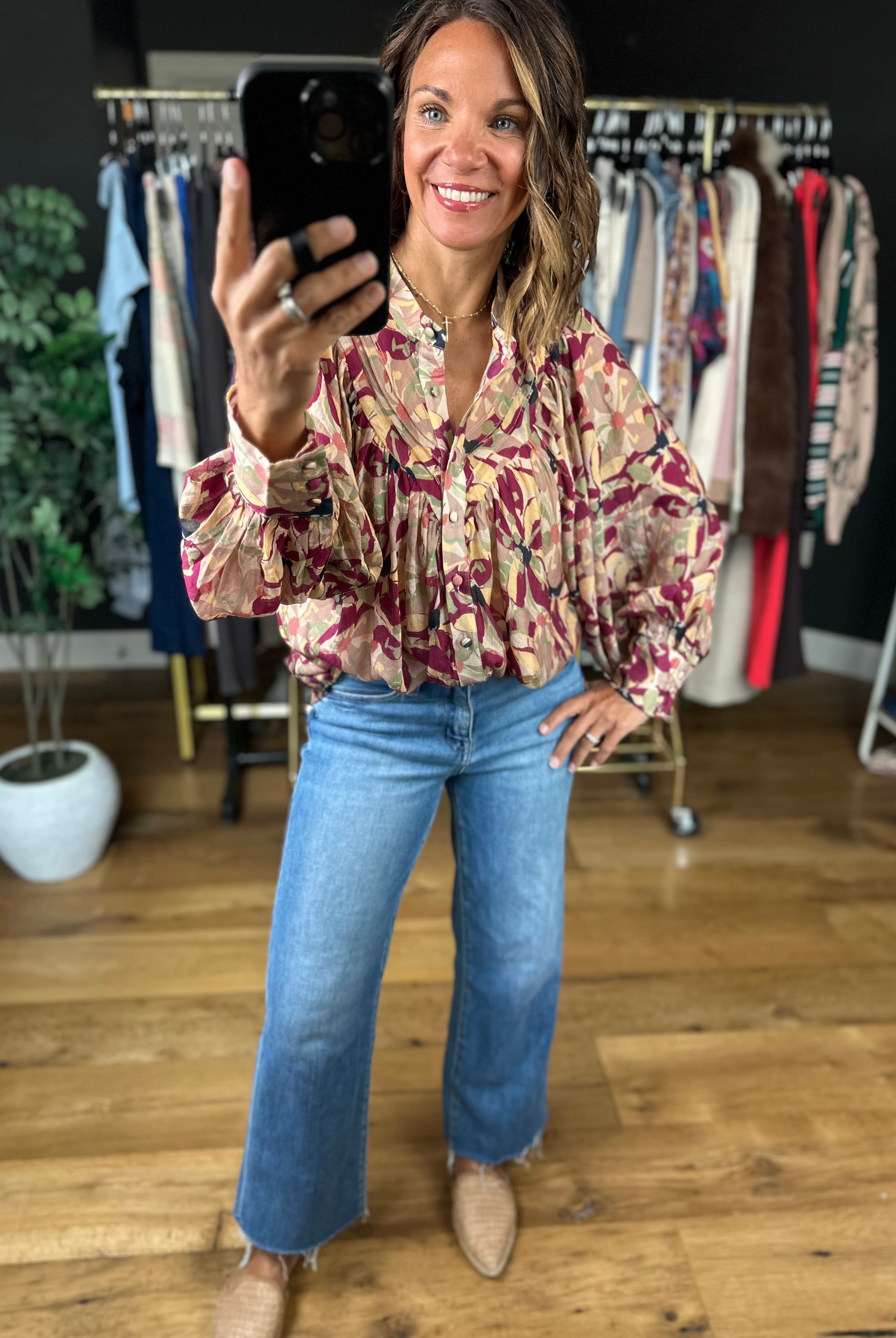 Time Goes By Patterned Top-Long Sleeves-ee:some-Anna Kaytes Boutique, Women's Fashion Boutique in Grinnell, Iowa