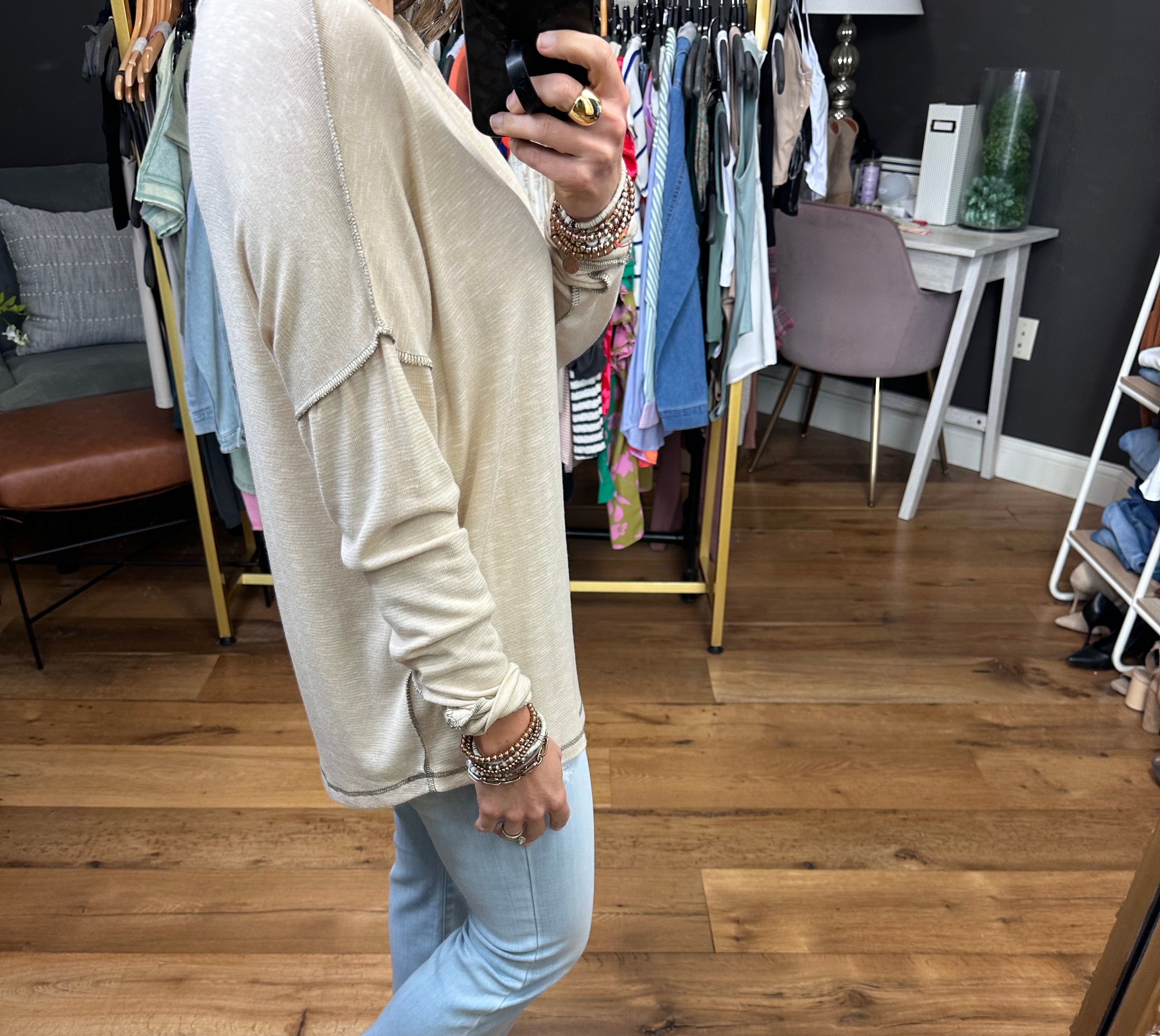 True Already Washed Raw Hem Long Sleeve Top - Oatmeal-Long Sleeves-Staccato 17125c-Anna Kaytes Boutique, Women's Fashion Boutique in Grinnell, Iowa