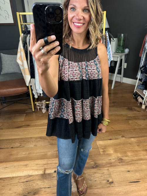 Count Me In Flowy Contrasting Top With Crochet Detail - Black-Pol FWT429-Anna Kaytes Boutique, Women's Fashion Boutique in Grinnell, Iowa
