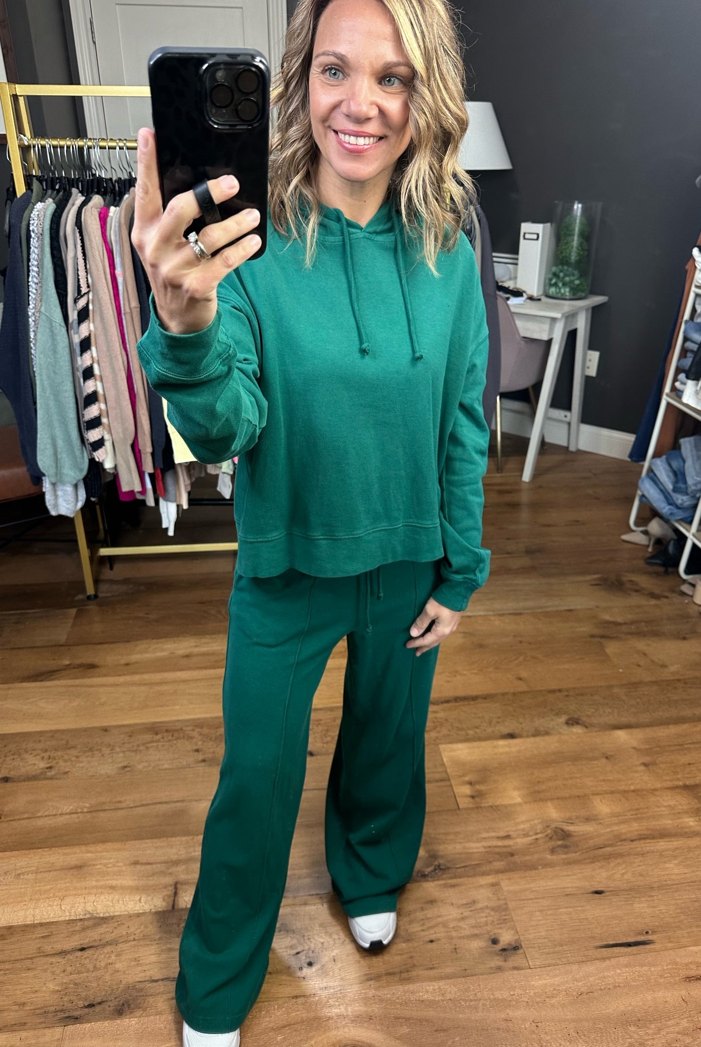 The Gabby Wide Leg + Hoodie Set - Pine Green-Two Piece Set-Double zero dz23e999 dz23g455-Anna Kaytes Boutique, Women's Fashion Boutique in Grinnell, Iowa