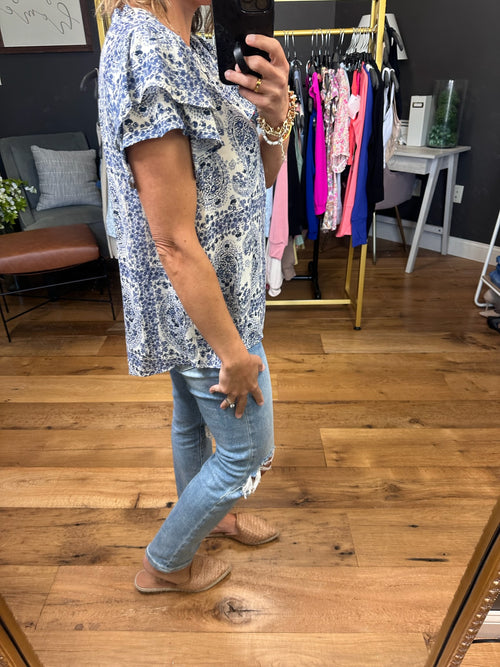 The Other Side Paisley Patterned Top - Denim-Les Amis T1494-Anna Kaytes Boutique, Women's Fashion Boutique in Grinnell, Iowa