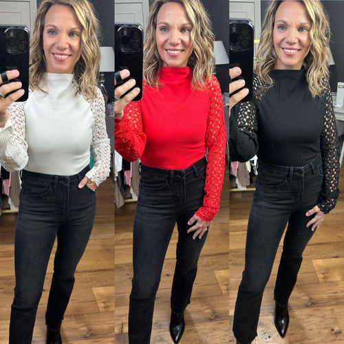 Better Idea Ribbed Mock-Neck Top With Crochet Sleeve Detail - Multiple Options-Aemi & Co 894AK-B11-Anna Kaytes Boutique, Women's Fashion Boutique in Grinnell, Iowa