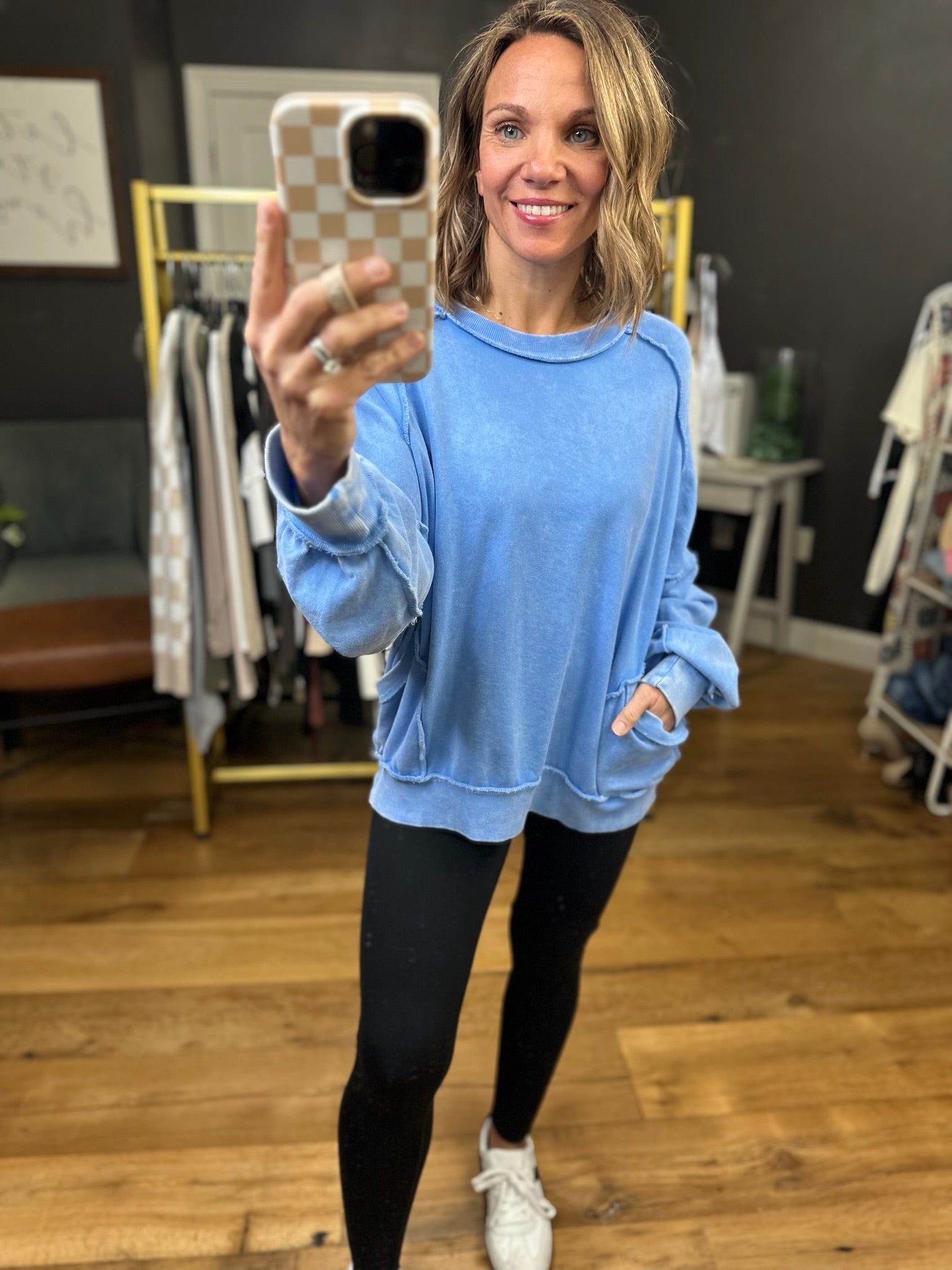 Dropping By Washed Pocket Crew-Easel-Anna Kaytes Boutique, Women's Fashion Boutique in Grinnell, Iowa