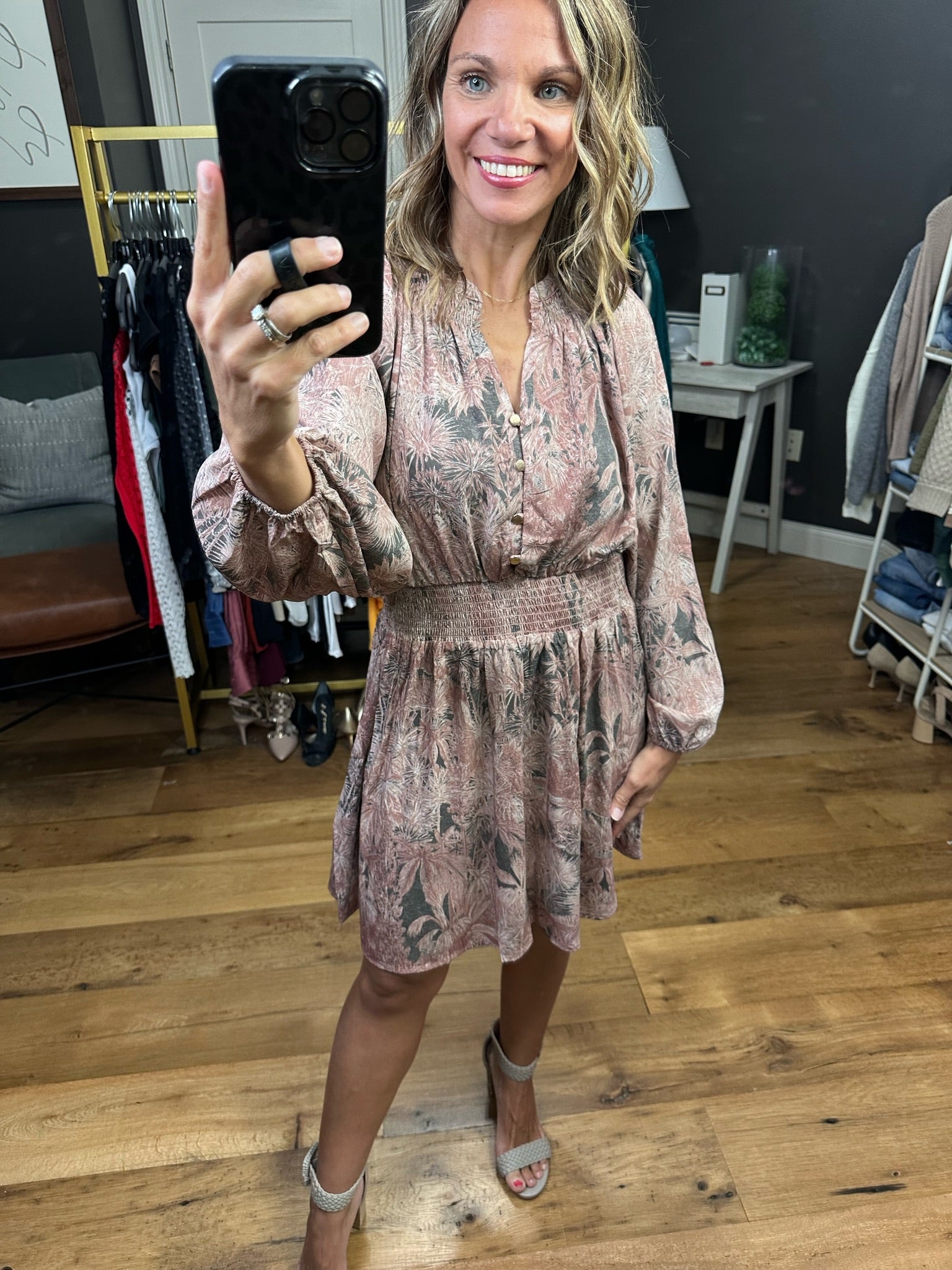 Better Than Real Floral Smock Detail Dress - Mauve/Grey-Dresses-Entro D21673-Anna Kaytes Boutique, Women's Fashion Boutique in Grinnell, Iowa