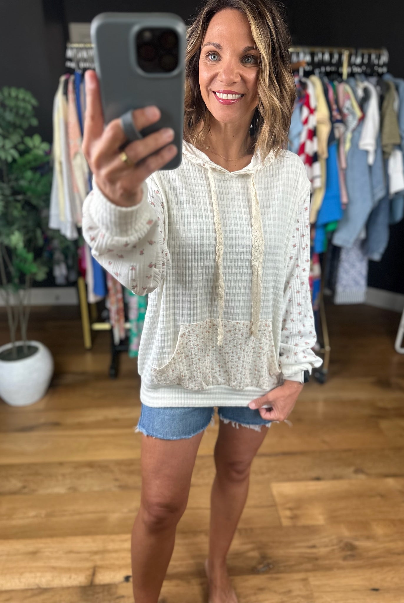 Charming Life Floral Waffle Hoodie-Sweaters-POL-Anna Kaytes Boutique, Women's Fashion Boutique in Grinnell, Iowa