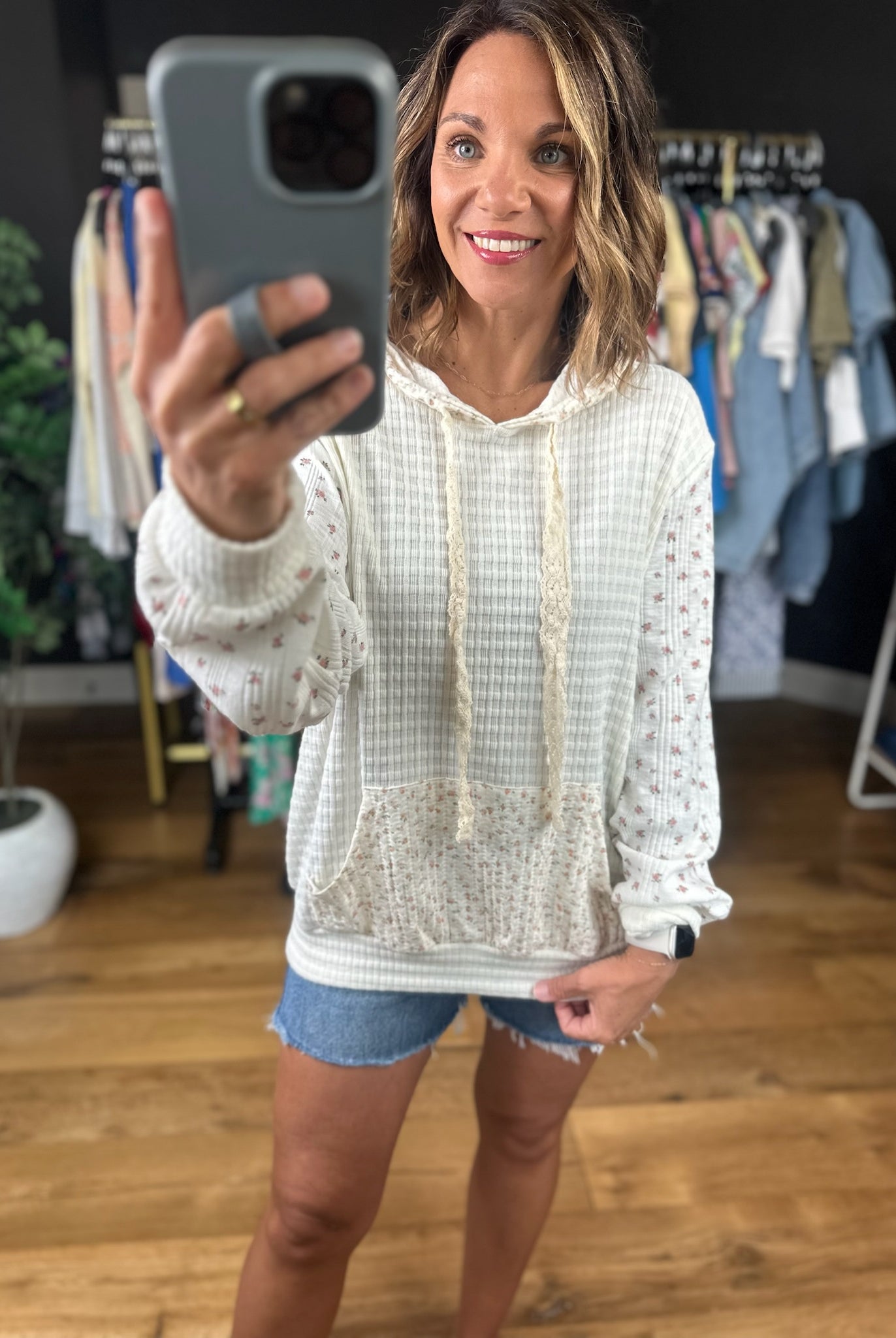 Charming Life Floral Waffle Hoodie-Sweaters-POL-Anna Kaytes Boutique, Women's Fashion Boutique in Grinnell, Iowa