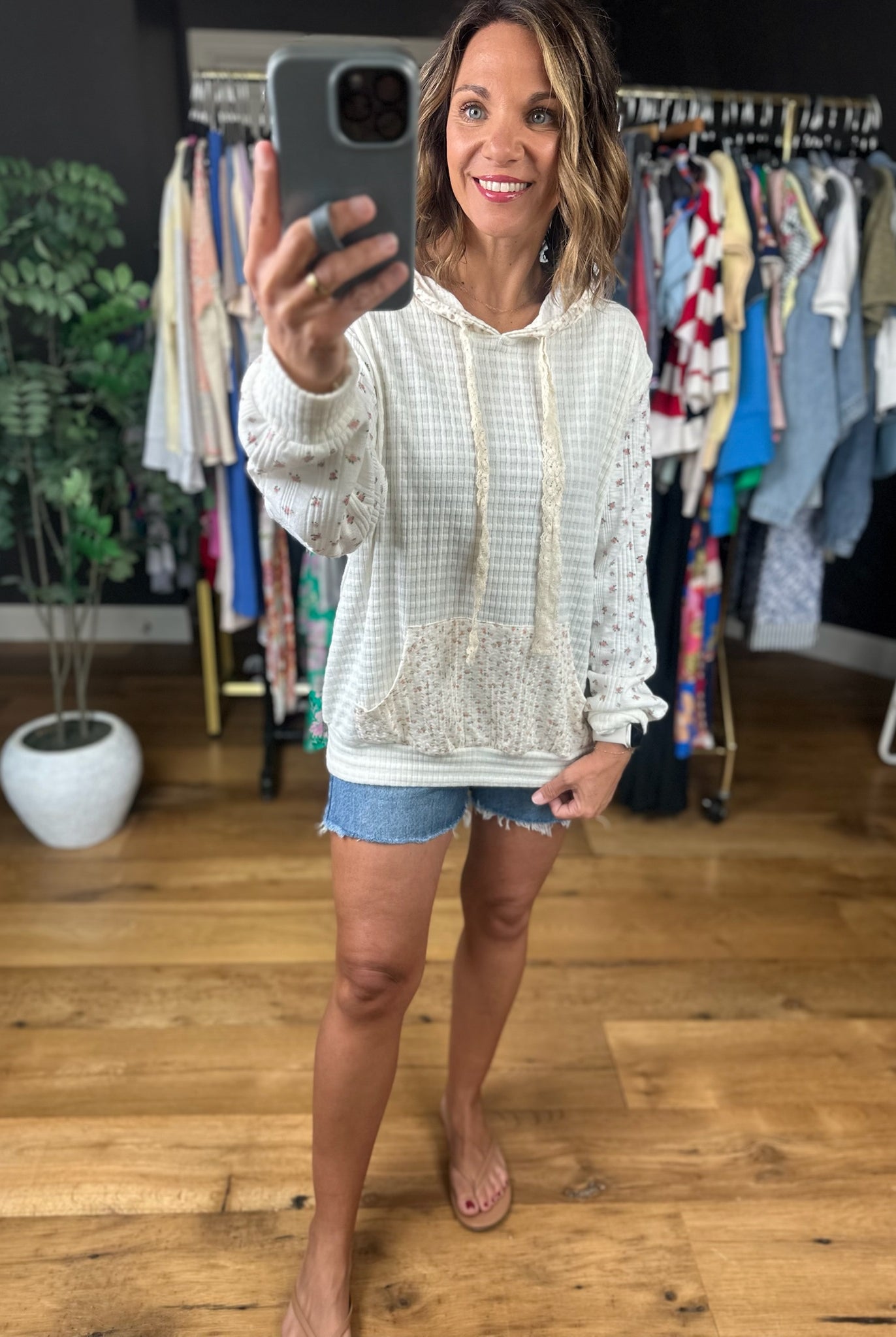Charming Life Floral Waffle Hoodie-Sweaters-POL-Anna Kaytes Boutique, Women's Fashion Boutique in Grinnell, Iowa