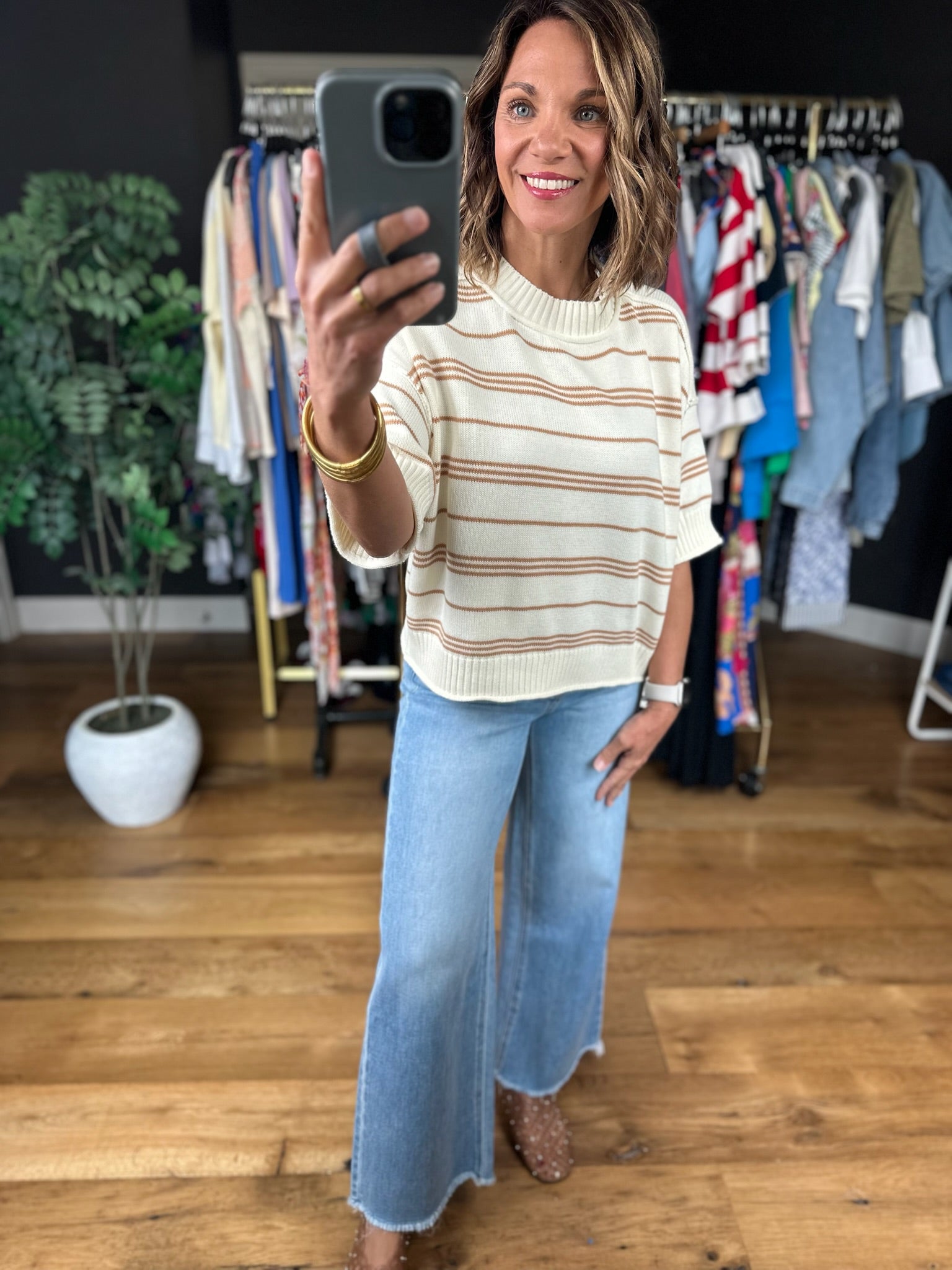 Helpful Hands Striped Knit Top-Short Sleeves-ee:some-Anna Kaytes Boutique, Women's Fashion Boutique in Grinnell, Iowa