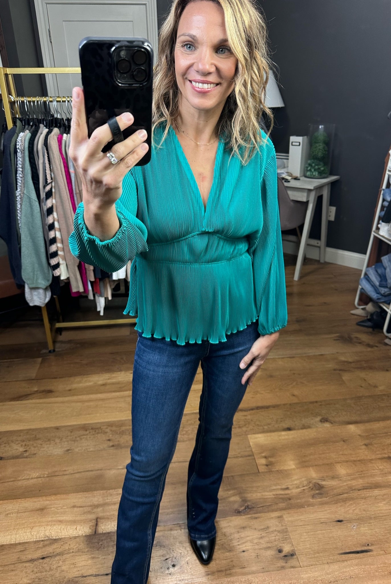 Come Along Textured Peplum V-Neck Top - Multiple Options-Long Sleeves-Wishlist WL23-7842-Anna Kaytes Boutique, Women's Fashion Boutique in Grinnell, Iowa