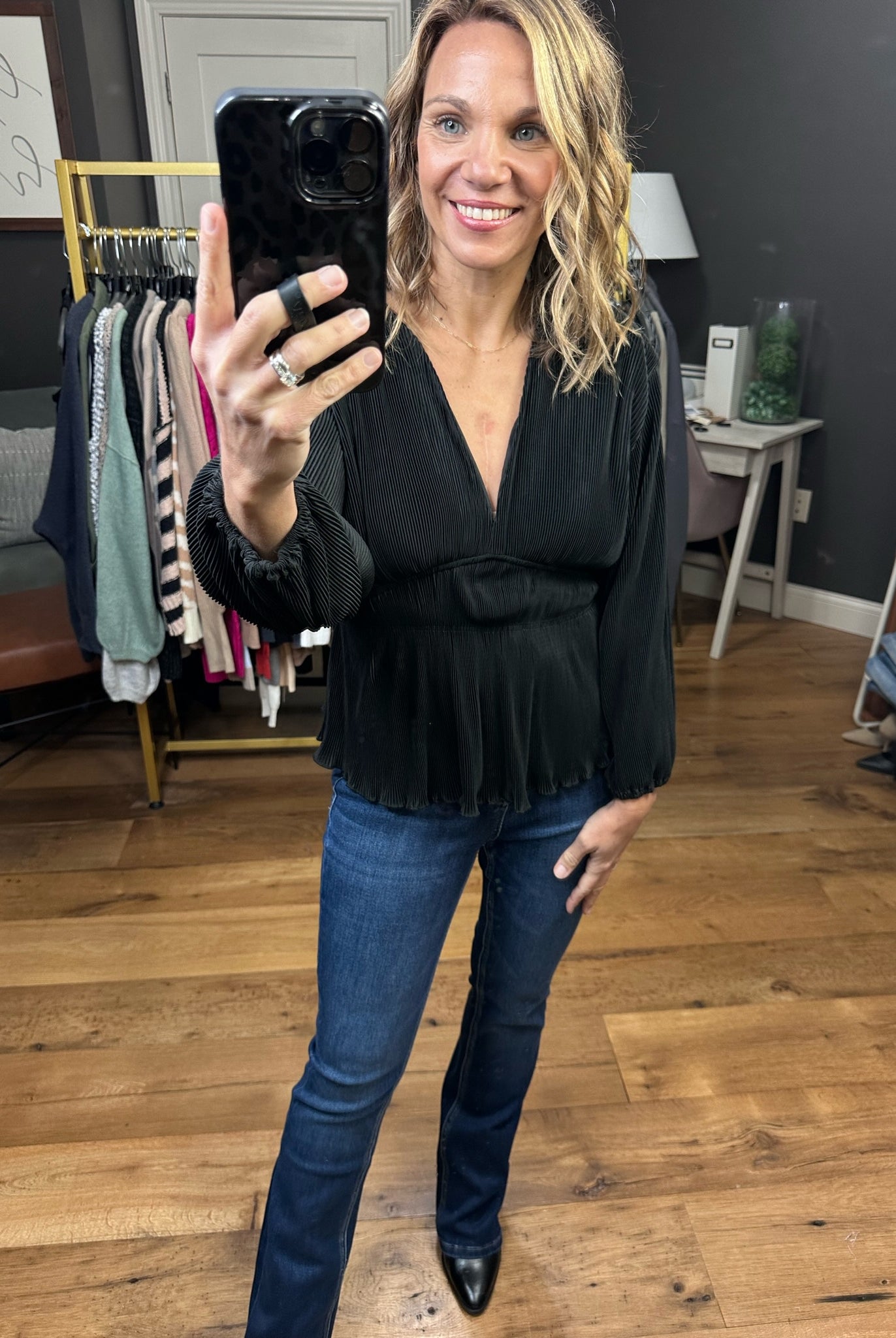 Come Along Textured Peplum V-Neck Top - Multiple Options-Long Sleeves-Wishlist WL23-7842-Anna Kaytes Boutique, Women's Fashion Boutique in Grinnell, Iowa