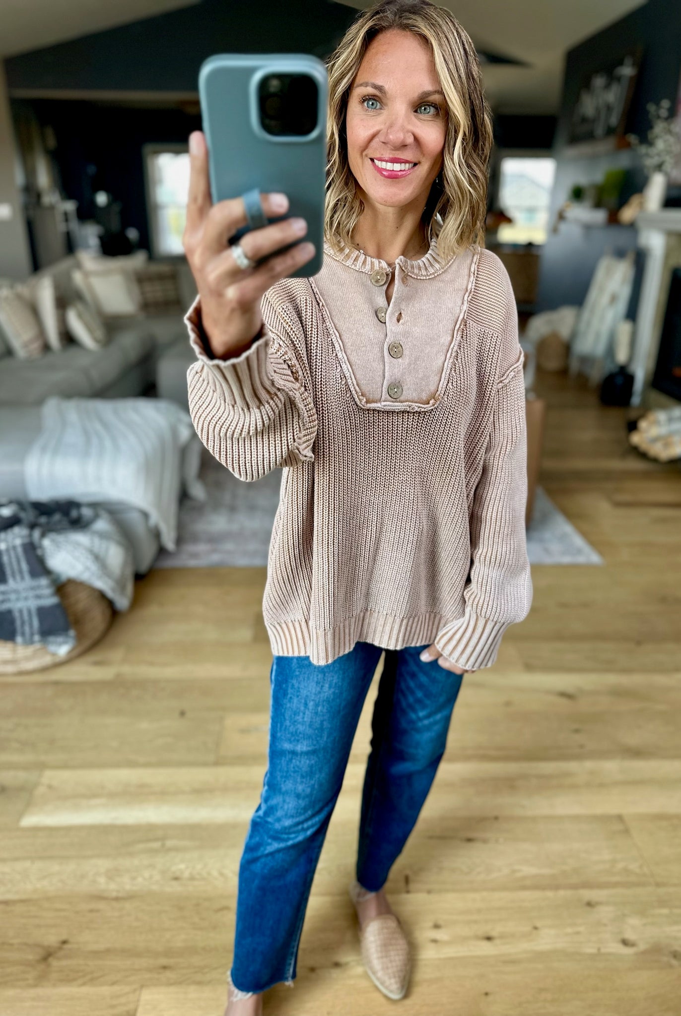 Reaching For Fall Ribbed Henley Sweater-ee:some-Anna Kaytes Boutique, Women's Fashion Boutique in Grinnell, Iowa