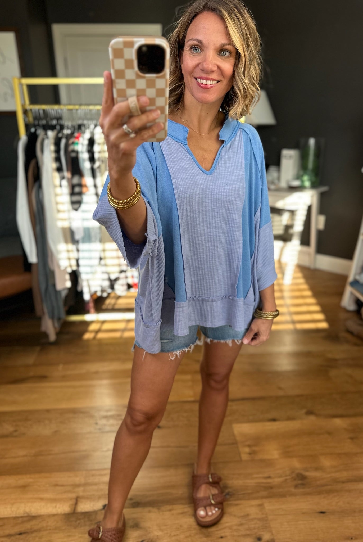 Looking Back Waffle Dolman-Sleeve Top - Blue-POL-Anna Kaytes Boutique, Women's Fashion Boutique in Grinnell, Iowa