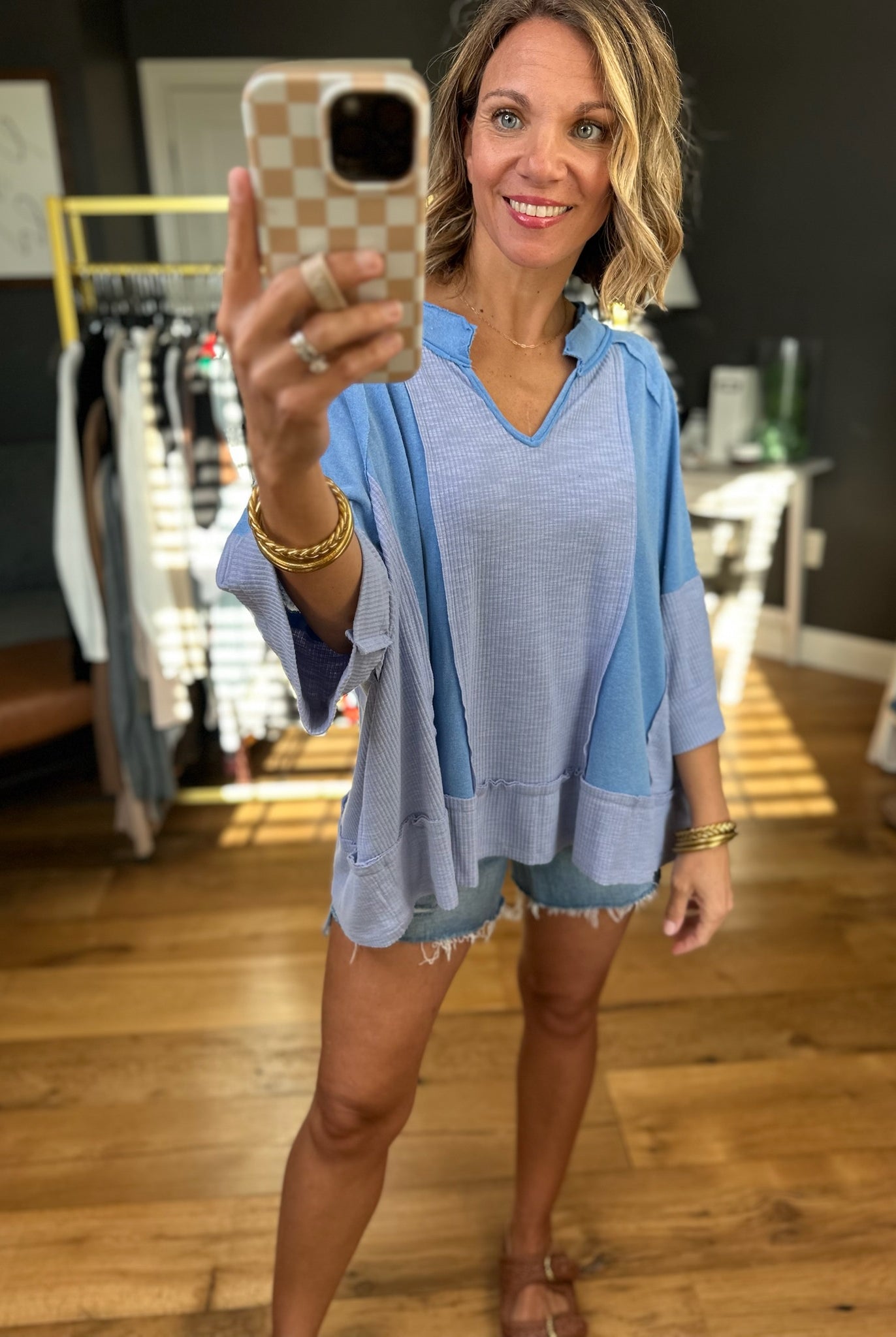 Looking Back Waffle Dolman-Sleeve Top - Blue-POL-Anna Kaytes Boutique, Women's Fashion Boutique in Grinnell, Iowa