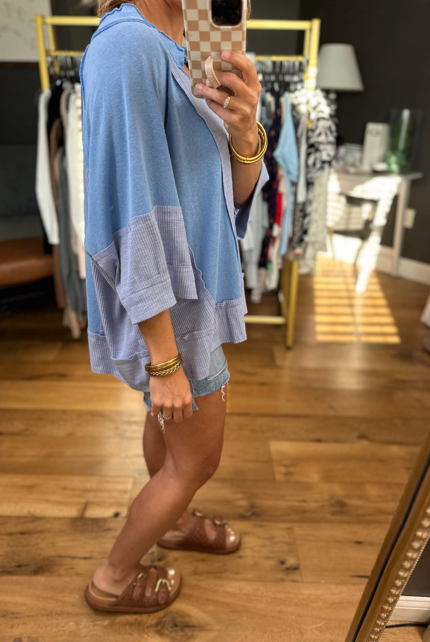 Looking Back Waffle Dolman-Sleeve Top - Blue-POL-Anna Kaytes Boutique, Women's Fashion Boutique in Grinnell, Iowa