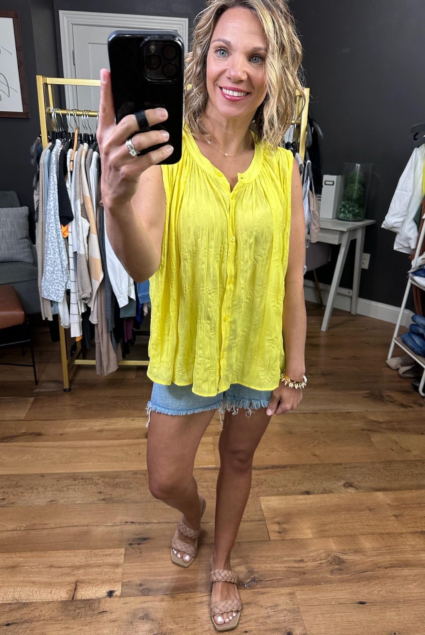 Walking On Sunshine Button-Detail Sleeveless Top - Yellow-Sleeveless-By Together L6964-Anna Kaytes Boutique, Women's Fashion Boutique in Grinnell, Iowa