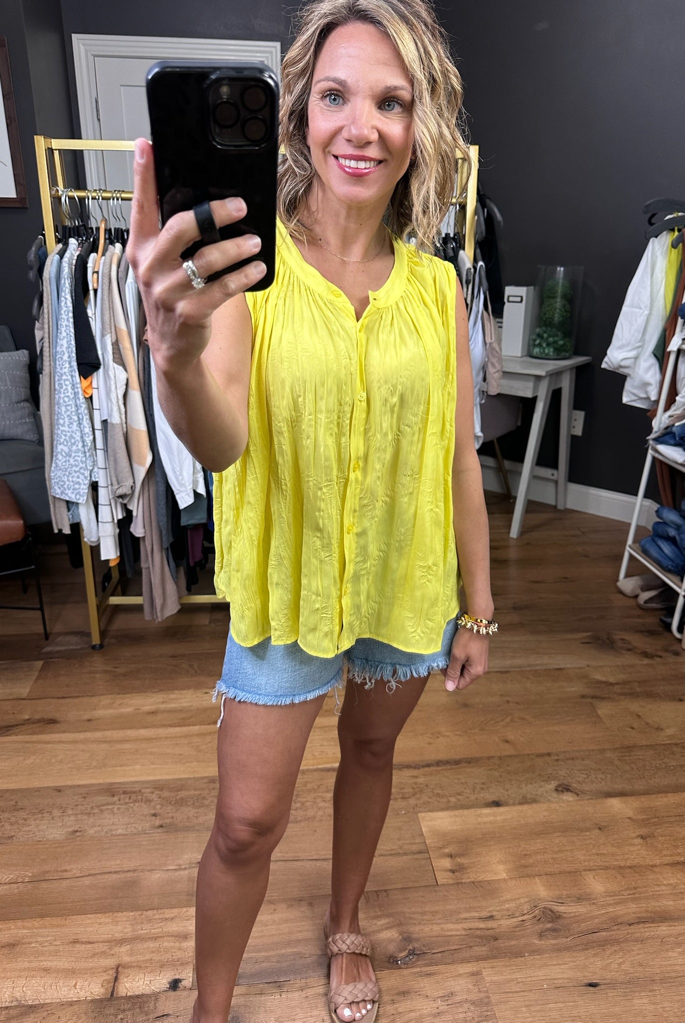Walking On Sunshine Button-Detail Sleeveless Top - Yellow-Sleeveless-By Together L6964-Anna Kaytes Boutique, Women's Fashion Boutique in Grinnell, Iowa