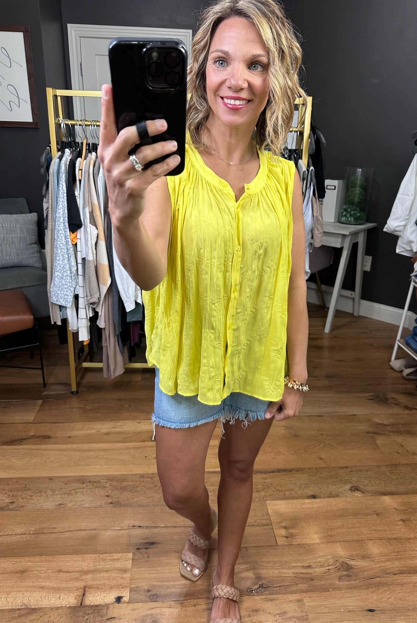 Walking On Sunshine Button-Detail Sleeveless Top - Yellow-Sleeveless-By Together L6964-Anna Kaytes Boutique, Women's Fashion Boutique in Grinnell, Iowa