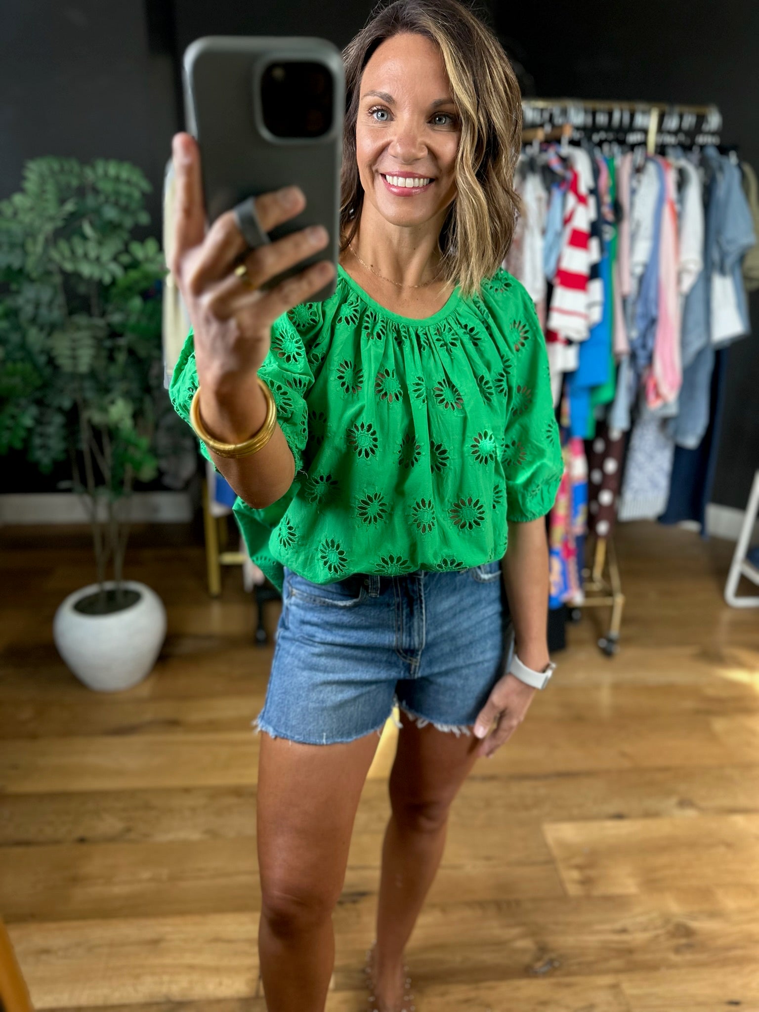 Close Knit Eyelet-Detail Top-Short Sleeves-THML-Anna Kaytes Boutique, Women's Fashion Boutique in Grinnell, Iowa