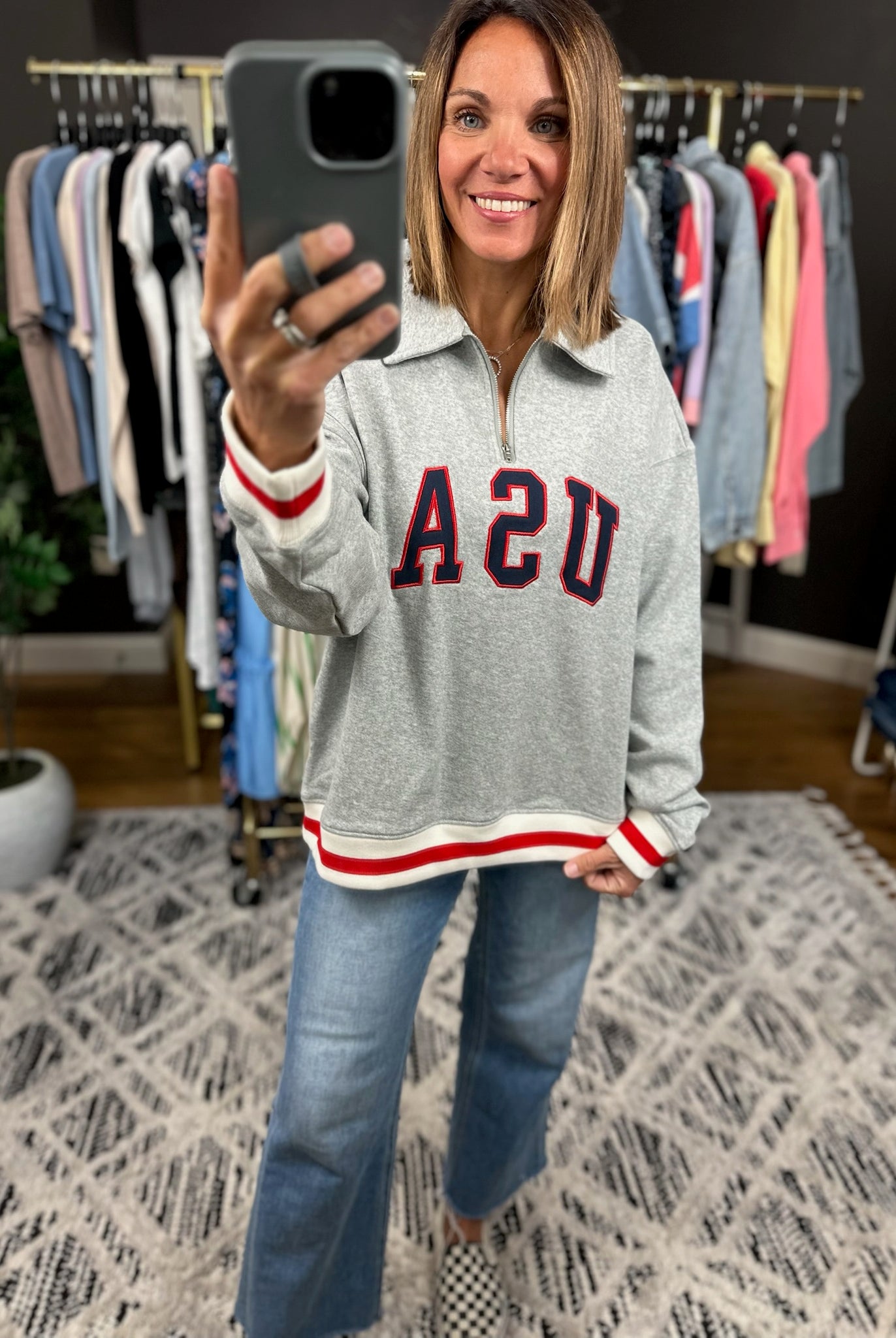 USA Vintage Quarter Zip-Sweaters-Wishlist-Anna Kaytes Boutique, Women's Fashion Boutique in Grinnell, Iowa