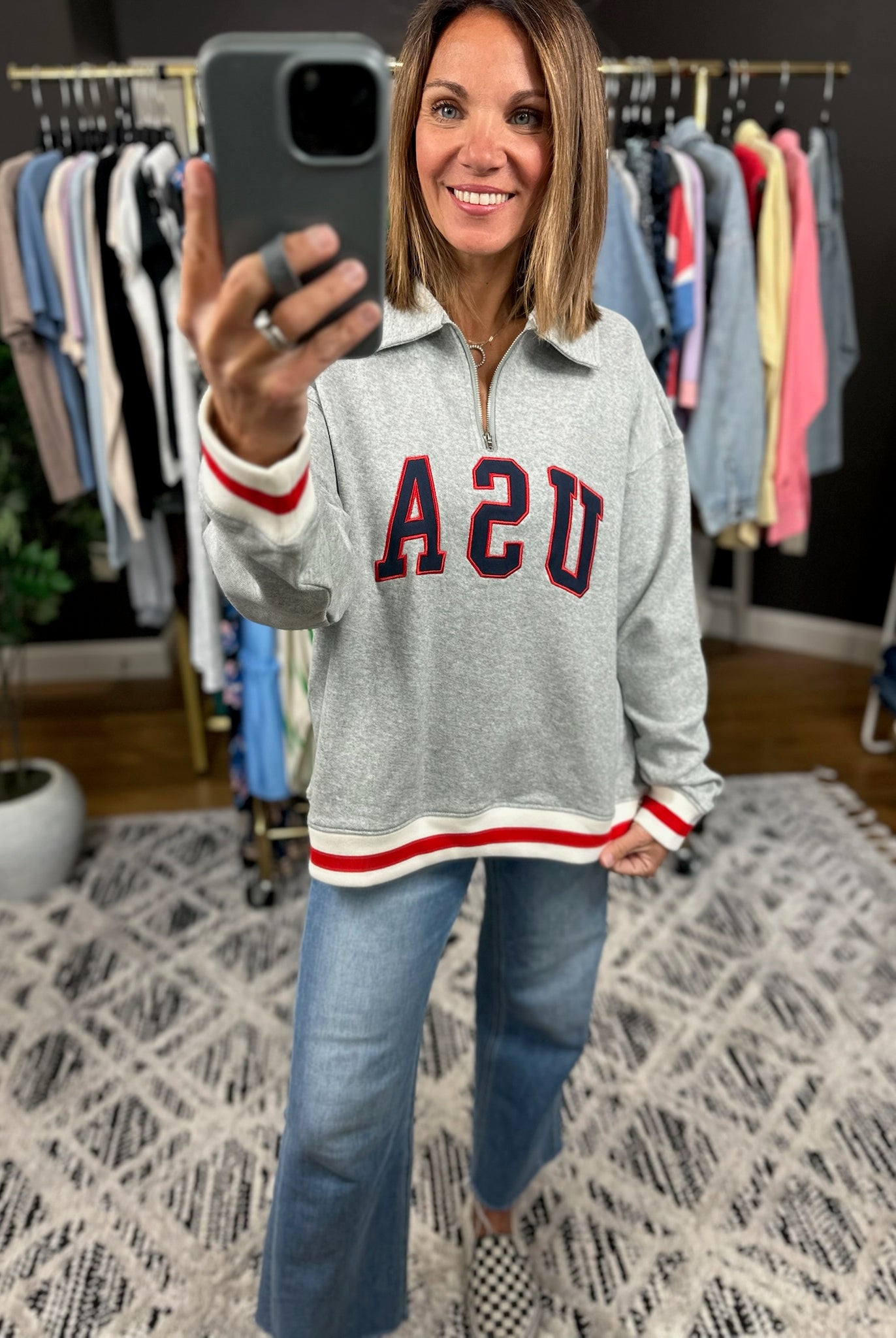 USA Vintage Quarter Zip-Sweaters-Wishlist-Anna Kaytes Boutique, Women's Fashion Boutique in Grinnell, Iowa