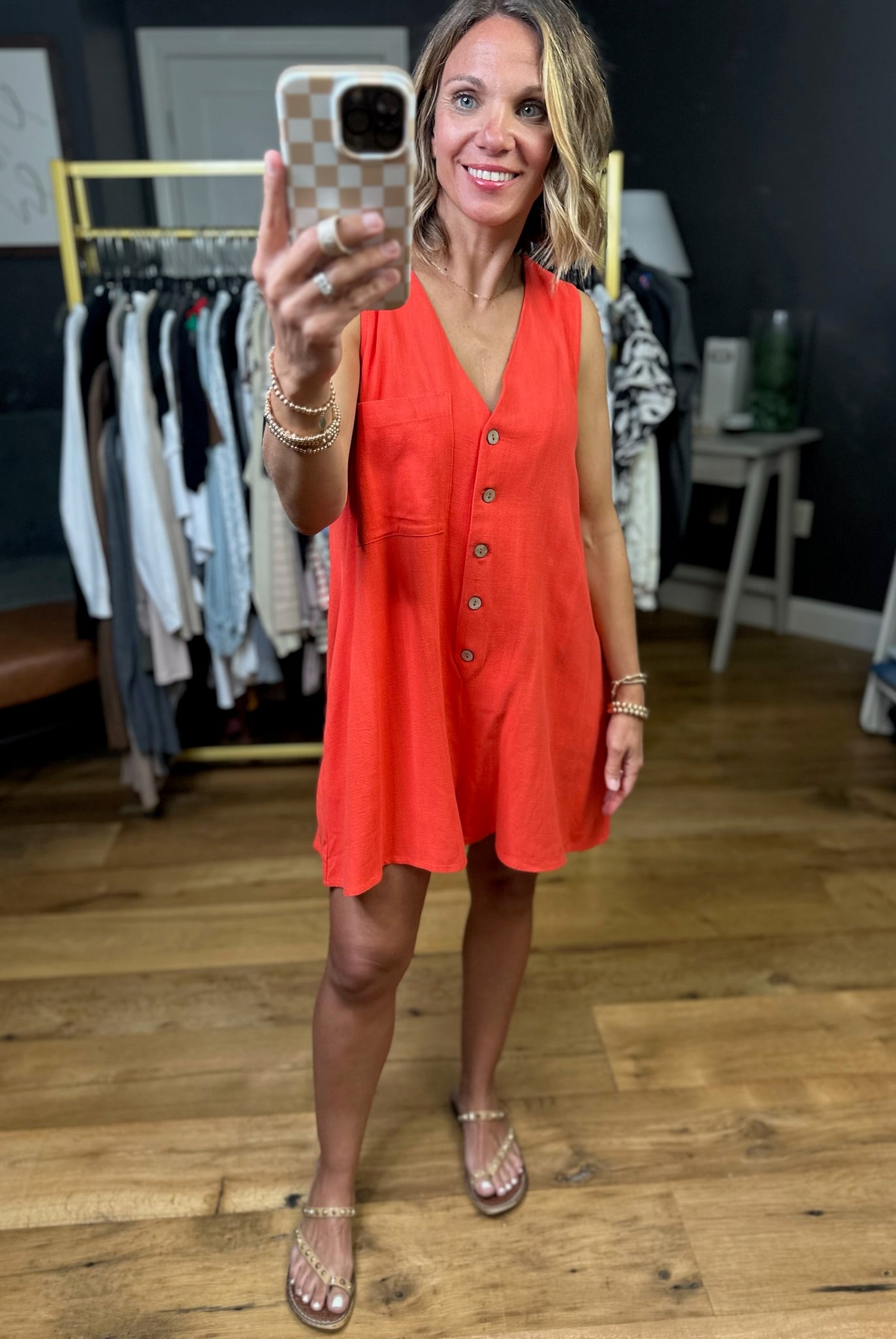 Tell That Story Button-Detail Romper - Tomato-Eesome-Anna Kaytes Boutique, Women's Fashion Boutique in Grinnell, Iowa