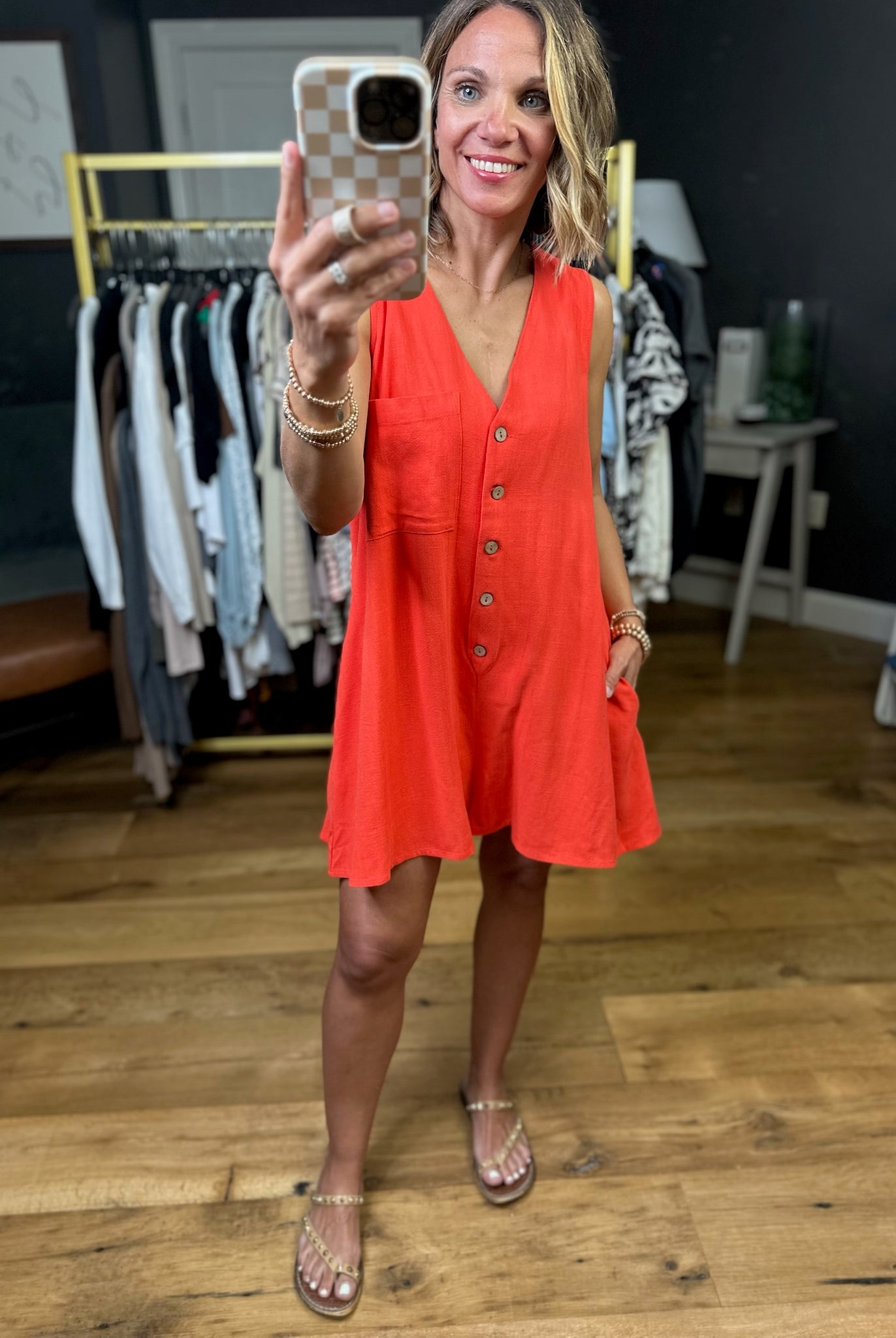 Tell That Story Button-Detail Romper - Tomato-Eesome-Anna Kaytes Boutique, Women's Fashion Boutique in Grinnell, Iowa